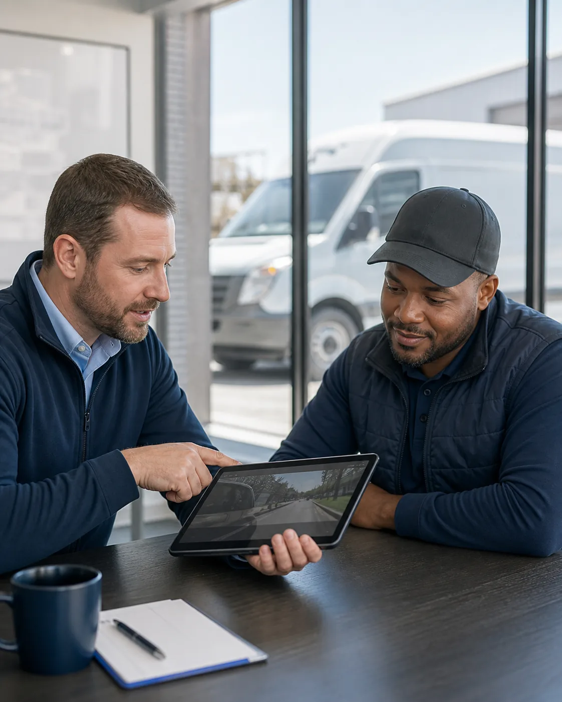Fleet safety coach and driver reviewing video evidence together