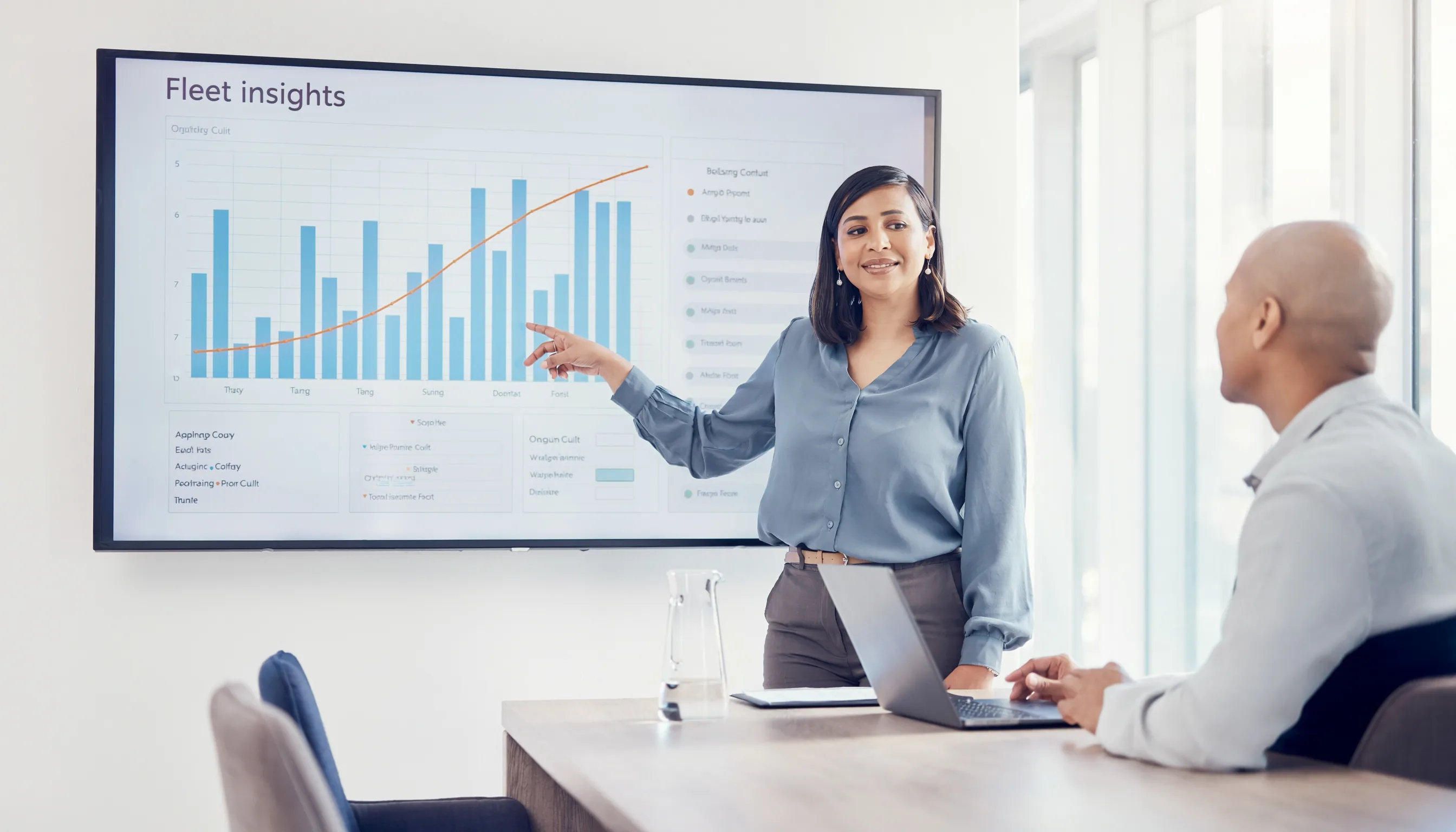 Business analyst reviewing fleet trends and operating performance across connected data sources