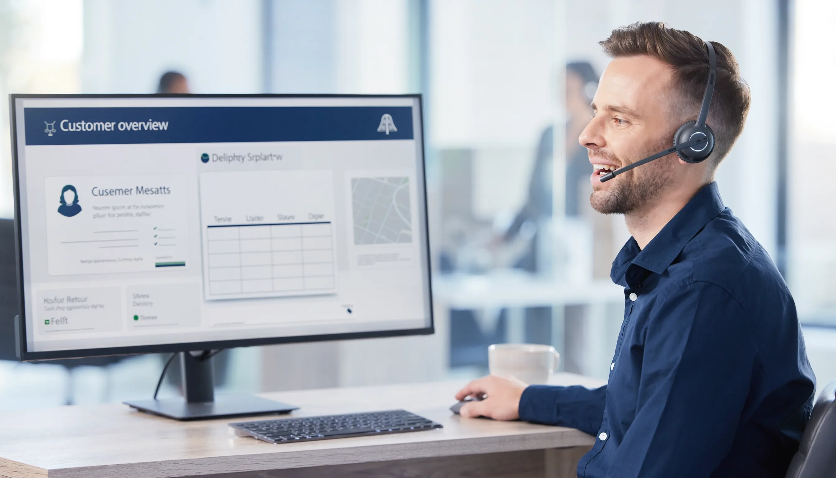 Customer service specialist viewing a customer record and live delivery information during a support call