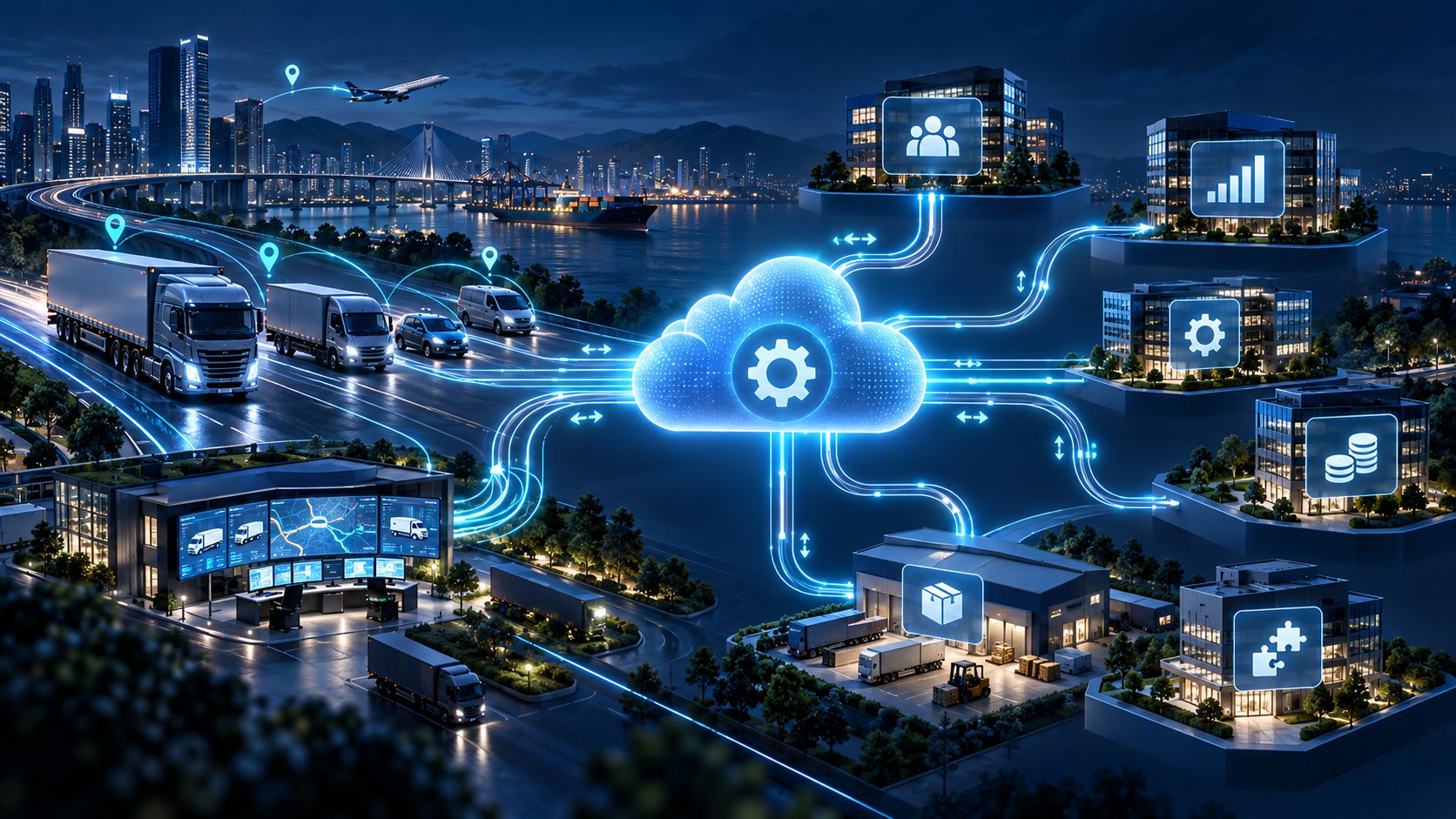 Fleet operations connected through APIs to analytics, customer, finance, warehouse and custom business systems