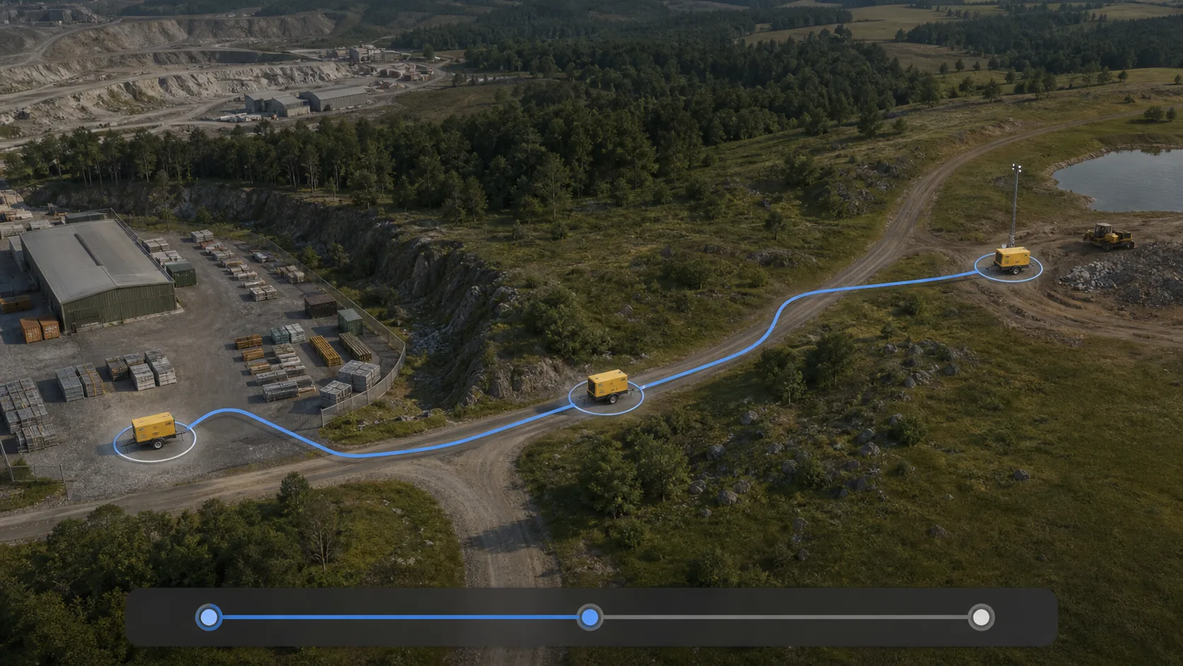 Recorded location history of a generator moving from a depot to a remote worksite