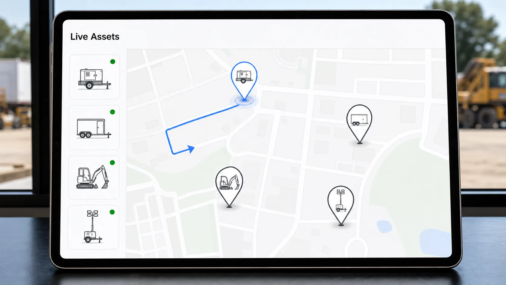 Live asset map showing current equipment locations and the movement route of one generator
