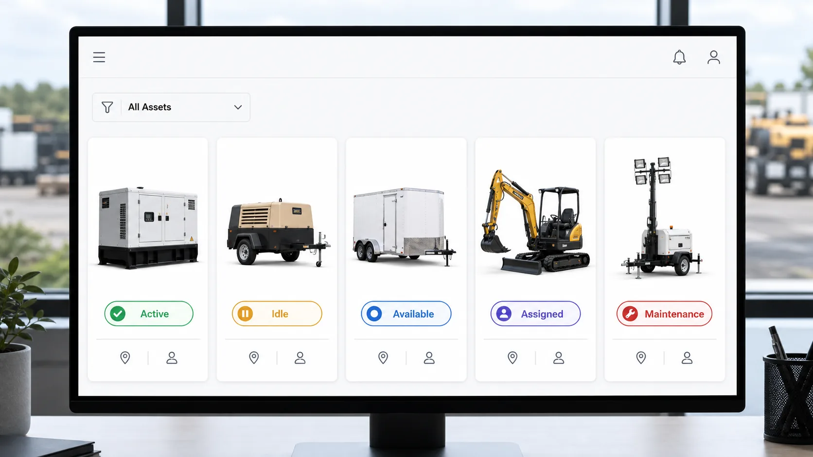 Asset inventory showing equipment with active, idle, available, assigned, and maintenance status