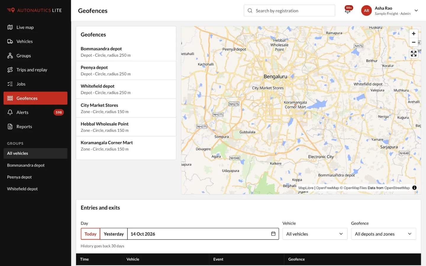 Geofences drawn around depots on the map