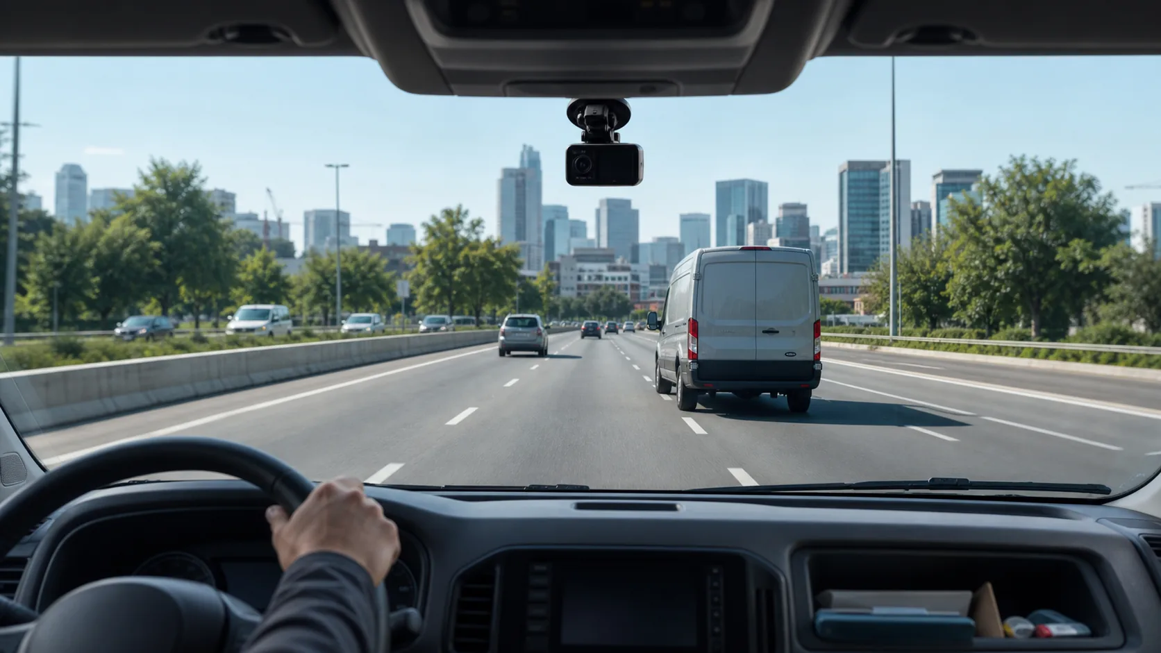 Commercial fleet vehicle monitored by AI-Camera on a city highway