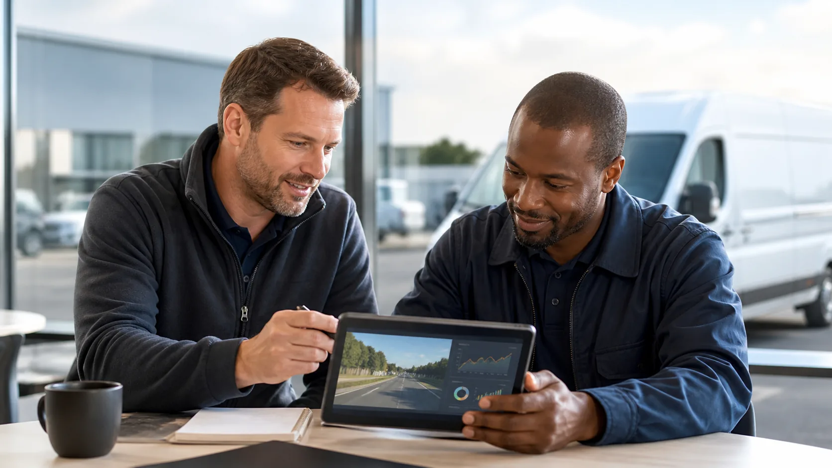 Fleet safety coach and driver reviewing journey performance together