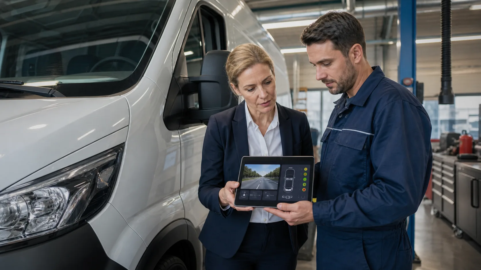 Insurance assessor and maintenance technician reviewing fleet video evidence