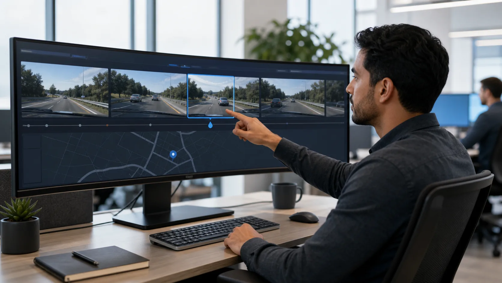 Fleet safety analyst reviewing synchronized dashcam evidence