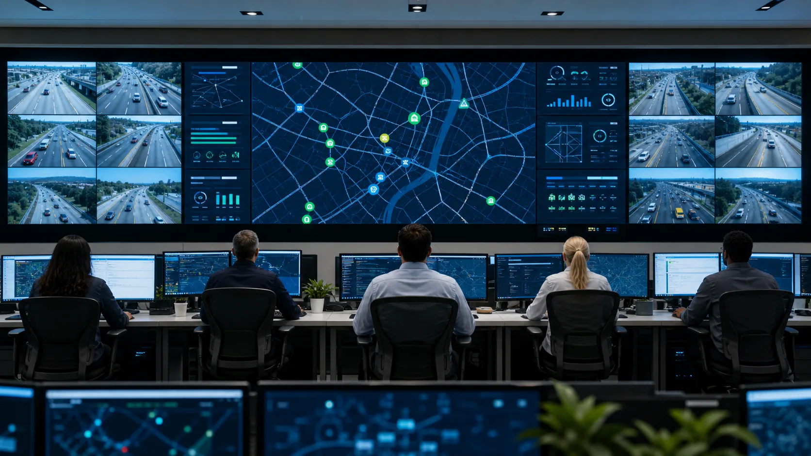 Fleet command center monitoring vehicles, cameras, and routes
