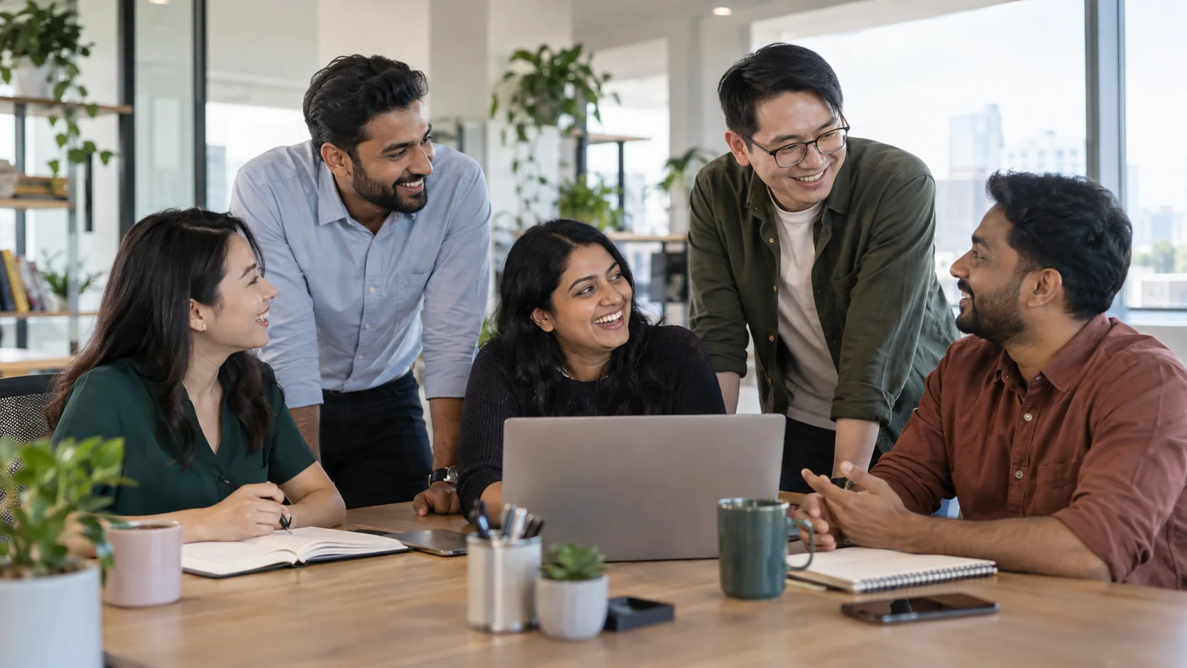 Smiling technology colleagues sharing ideas around a laptop in a bright office