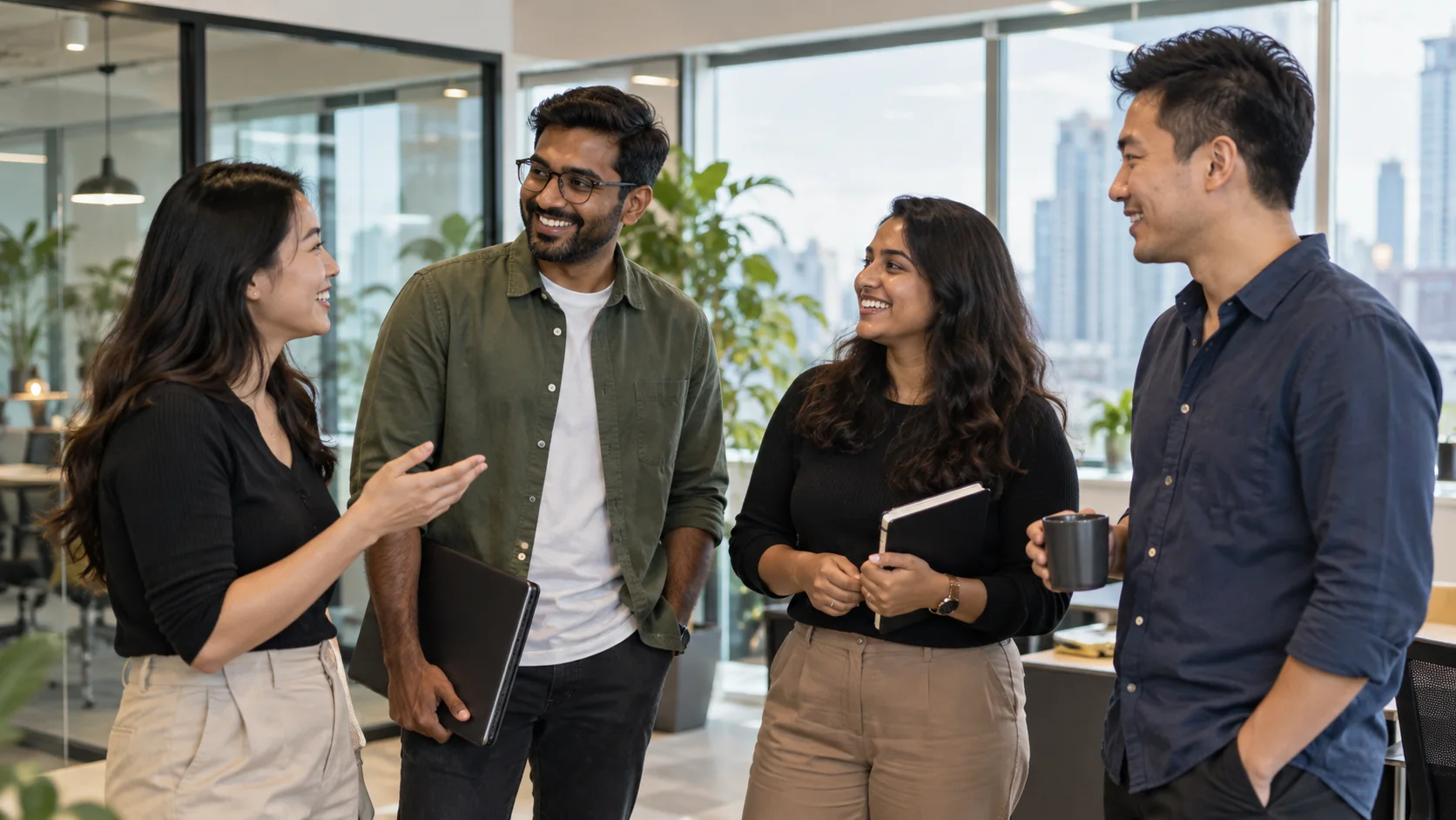 Smiling colleagues welcoming a new team member into a bright technology office