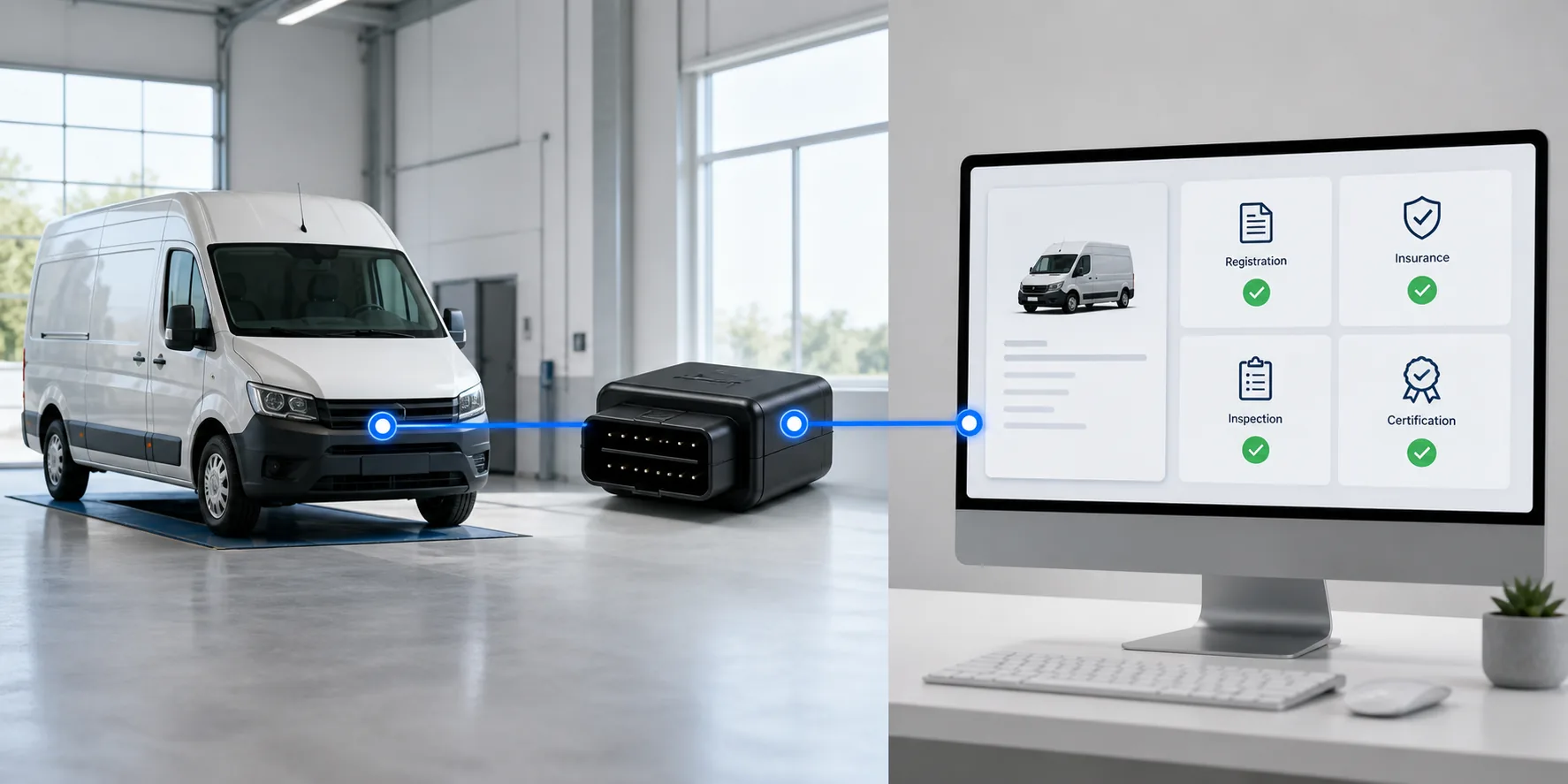 Vehicle data flowing through a telematics device into centralized compliance software