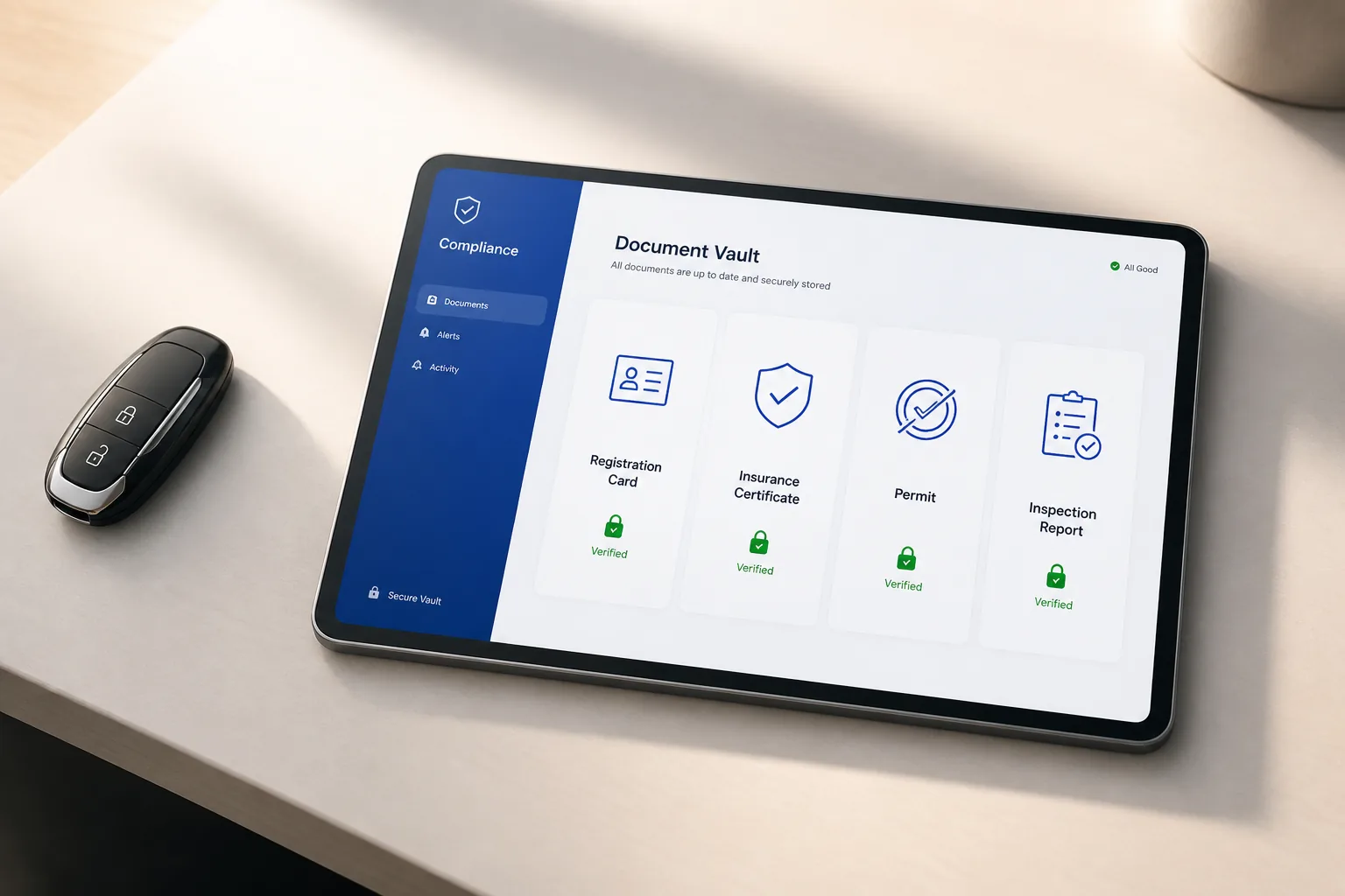 Secure digital compliance records for registrations, insurance, permits, and inspections
