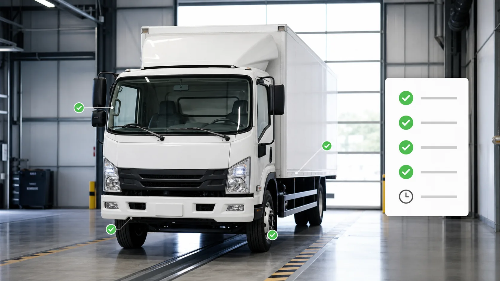 Commercial vehicle inspection recording completed tyre, light, brake, and body checks