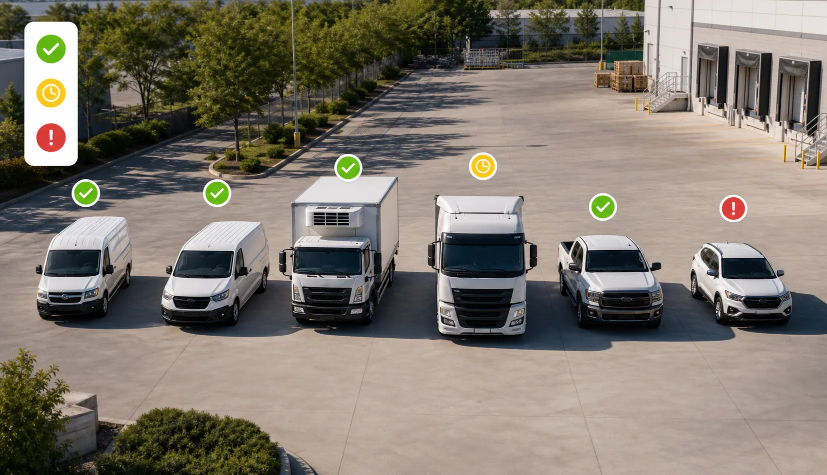 Fleet-wide compliance visibility showing approved, due-soon, and action-required vehicles
