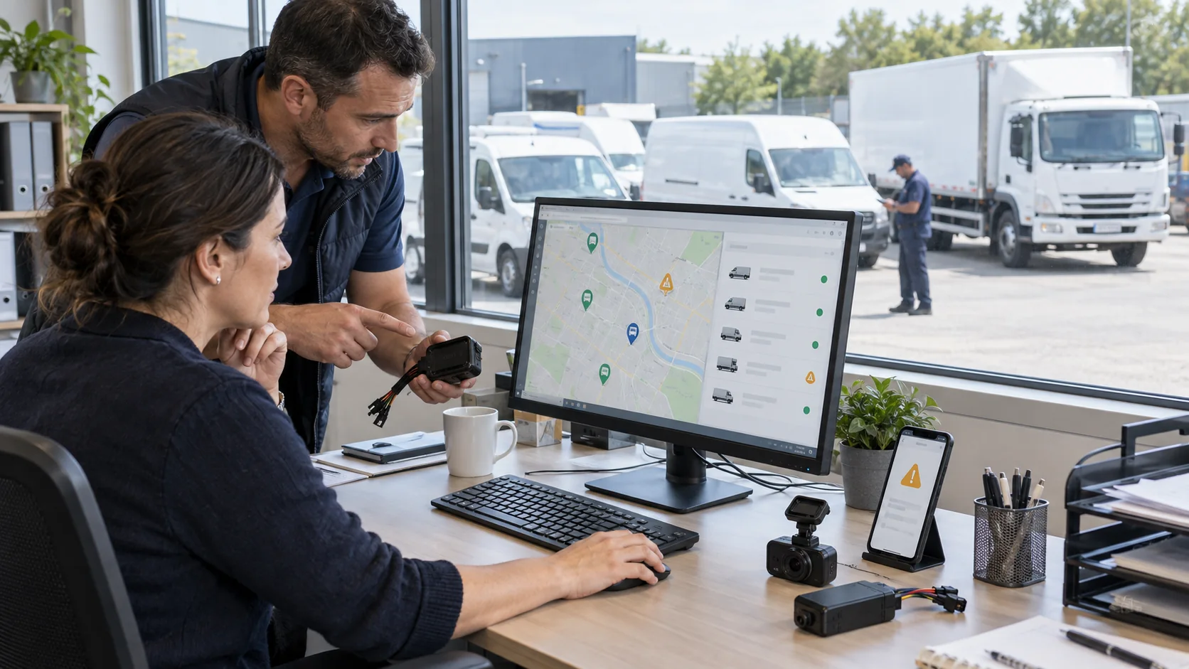Fleet operators using GPS devices, a live vehicle map, and alerts to coordinate drivers and vehicles at a depot