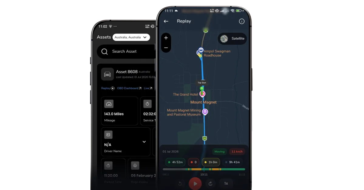 Trip replay route and timeline displayed on mobile devices