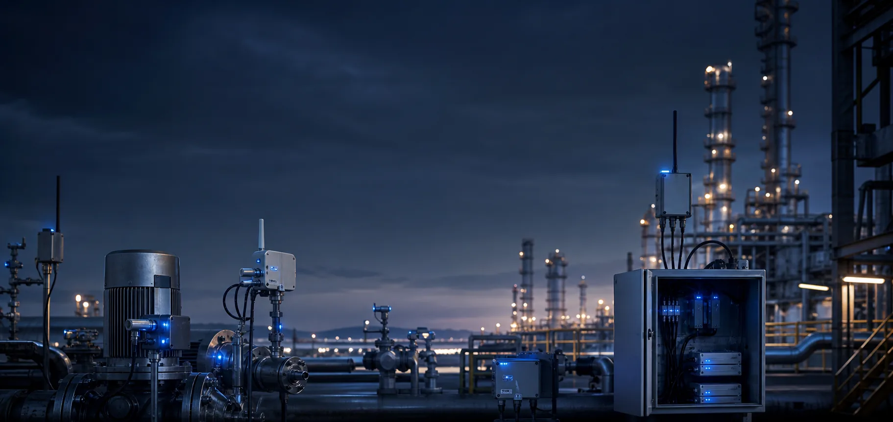 Connected industrial sensors and edge devices monitoring critical infrastructure