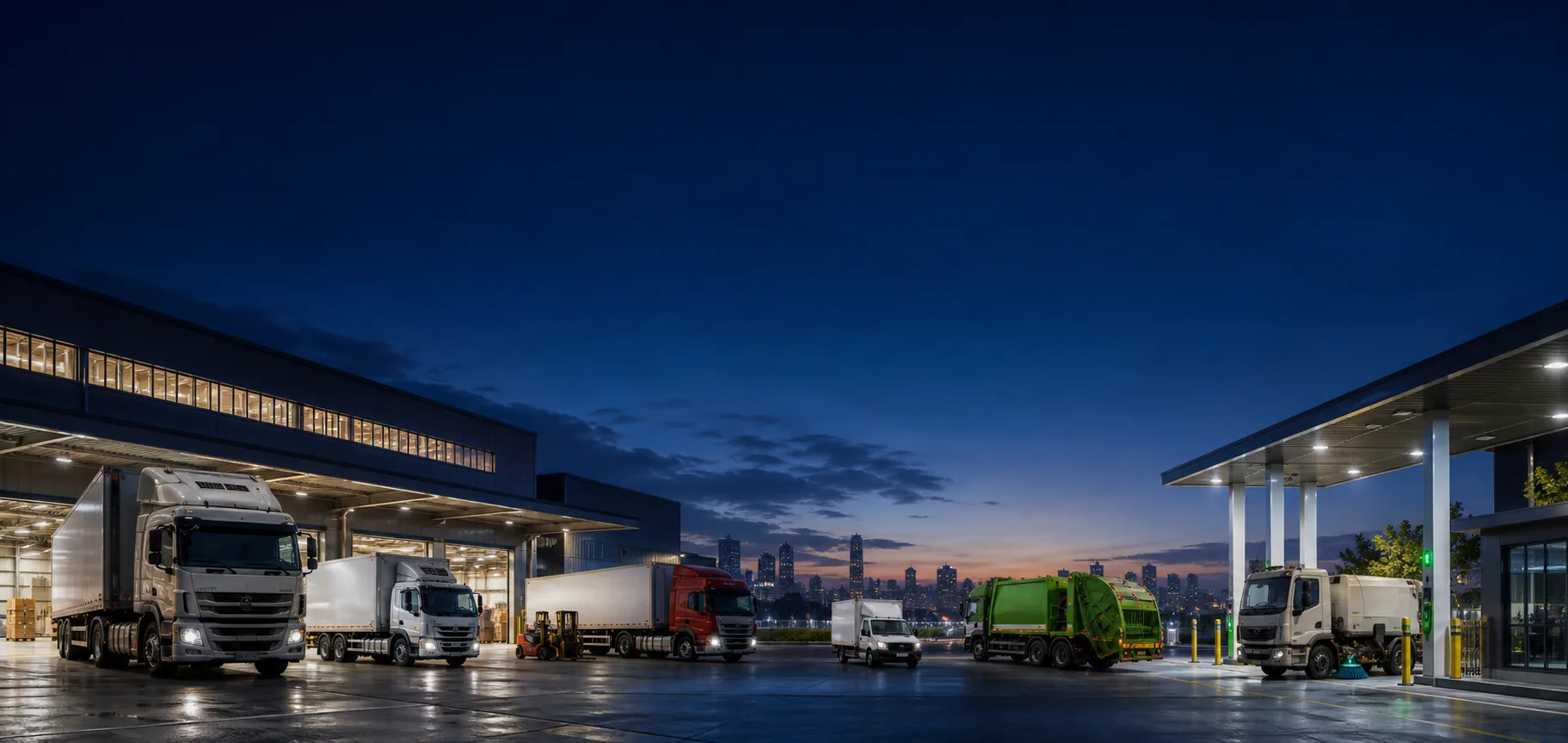 Transport, logistics, food distribution and service fleets operating from one campus