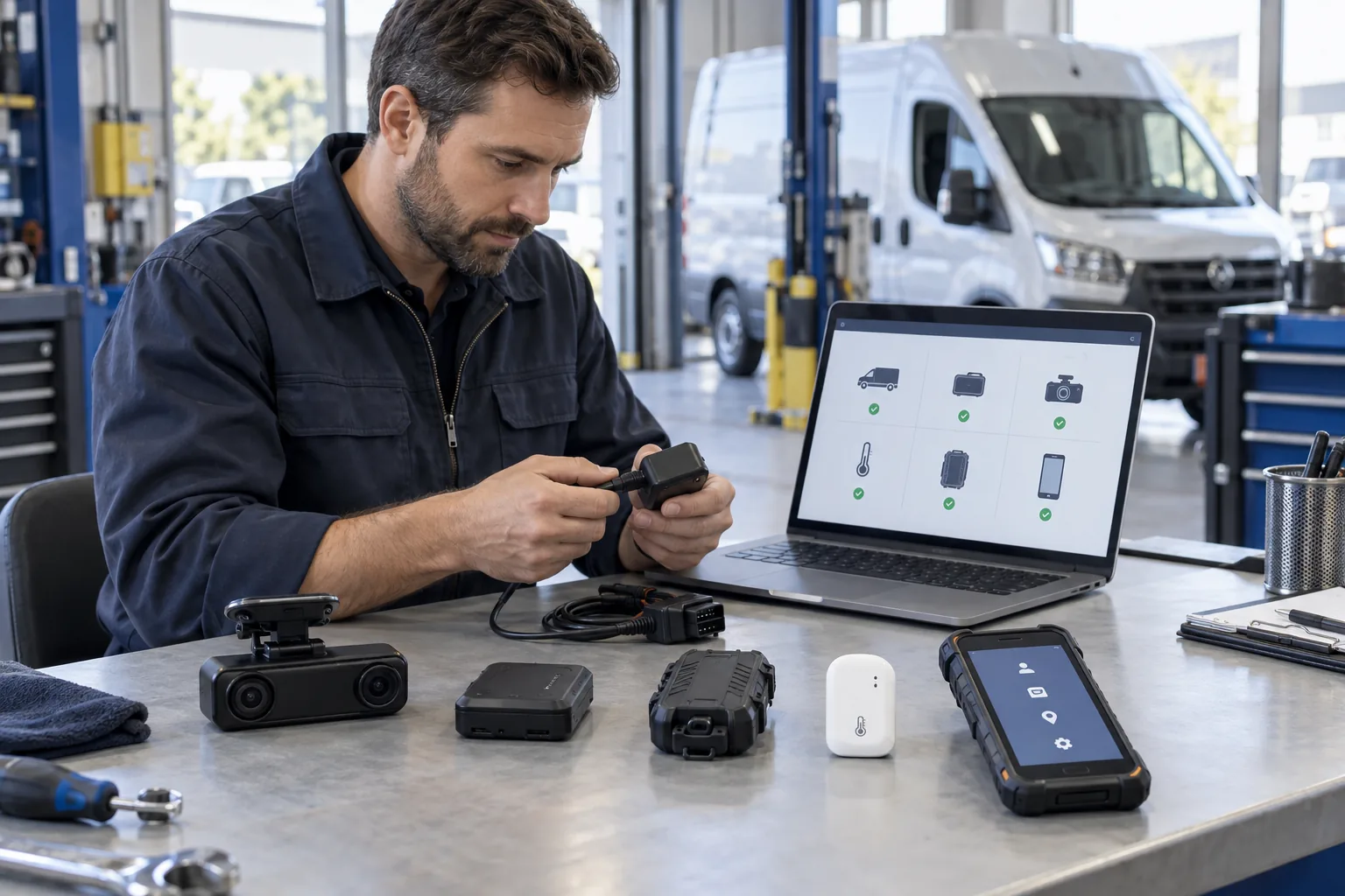 Technician connecting a mixed set of GPS trackers, a dash camera, sensors and a workforce handset at a fleet service bench