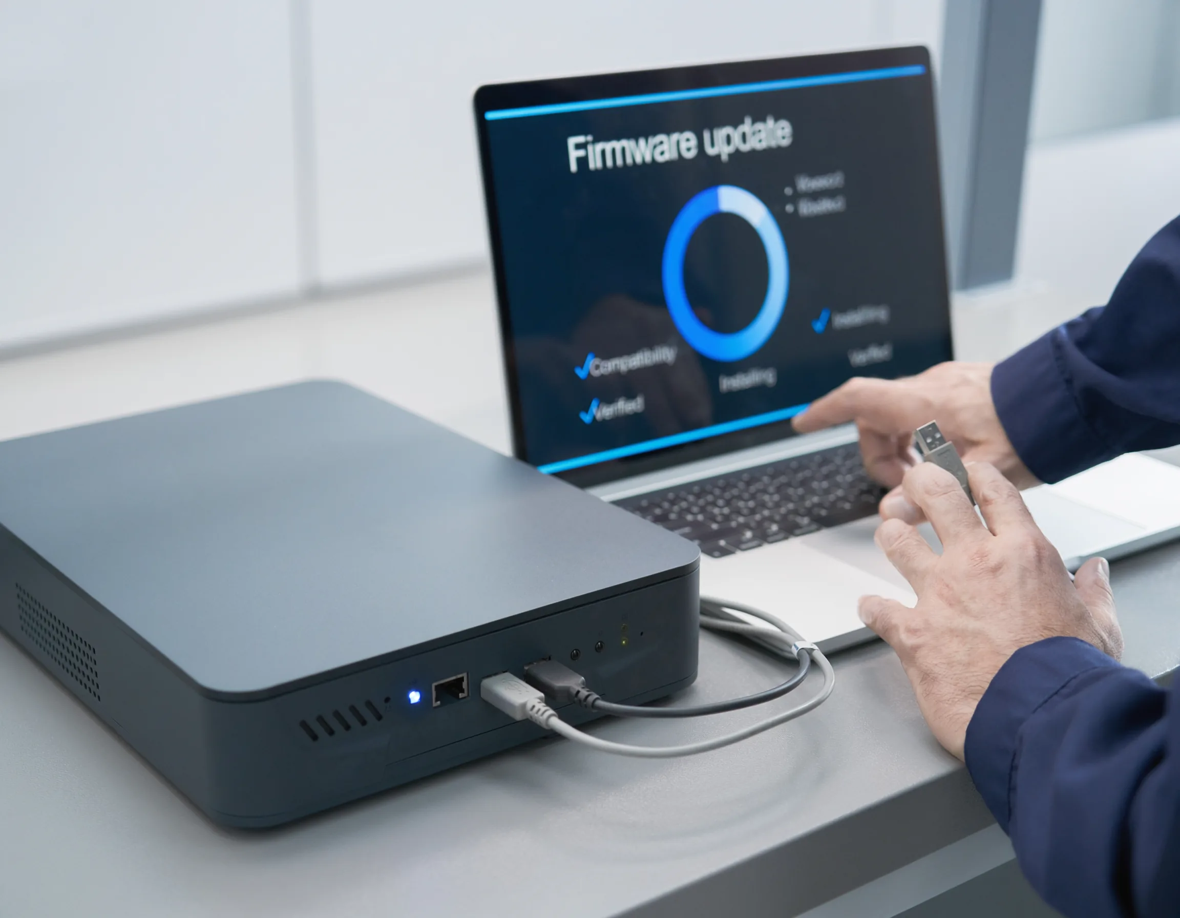 Fleet gateway connected to a laptop during a firmware installation, with update progress and compatibility checks visible