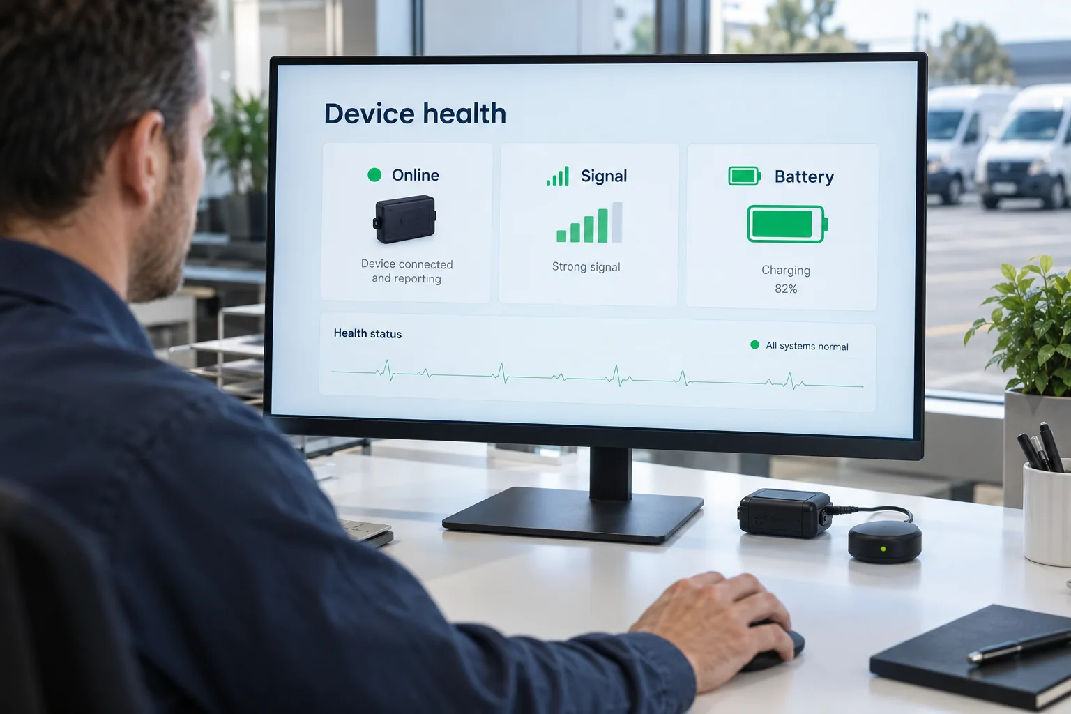 Device health dashboard showing battery levels, signal strength and online status beside a connected tracker