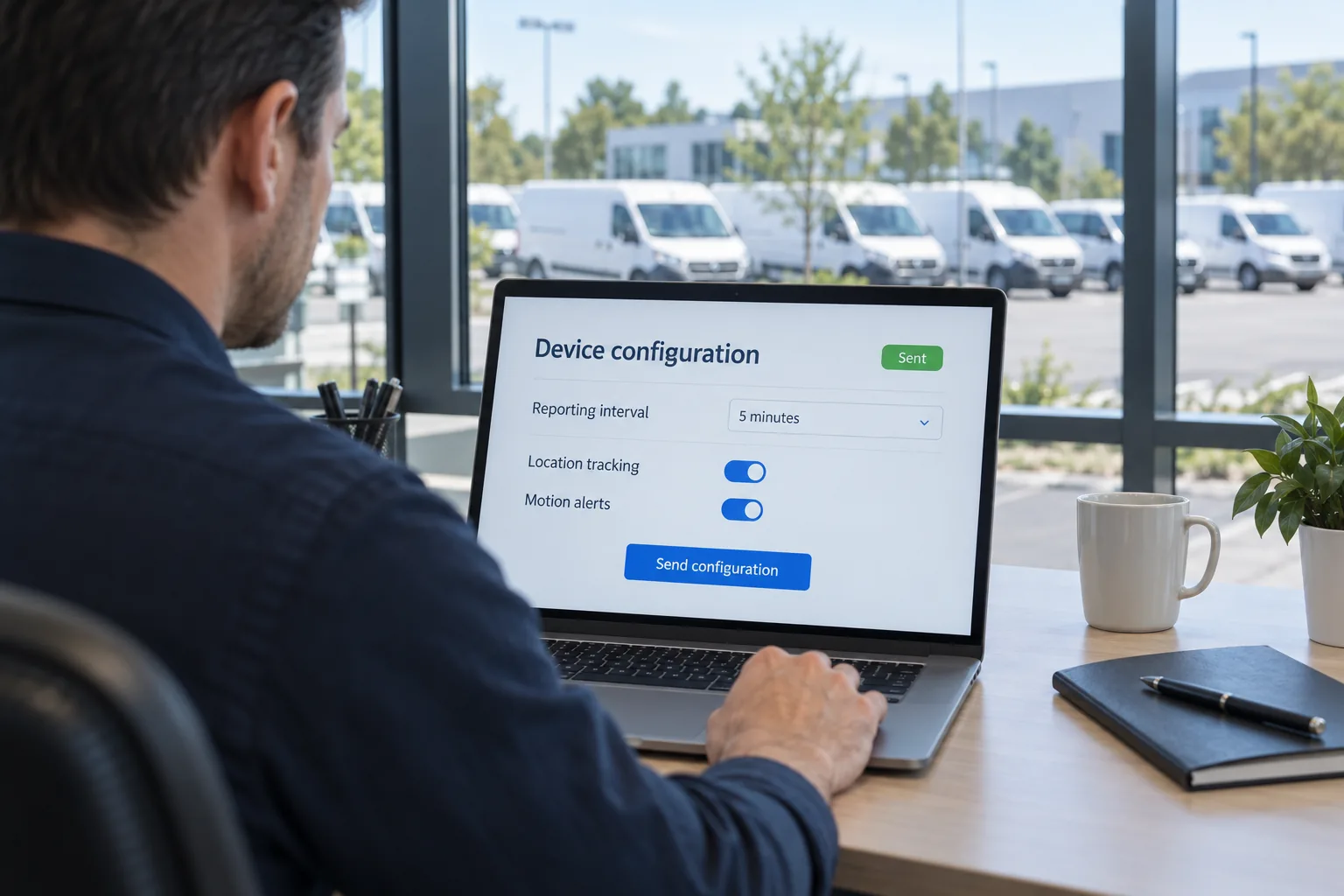 Fleet administrator sending remote reporting and alert settings to deployed devices from an office laptop