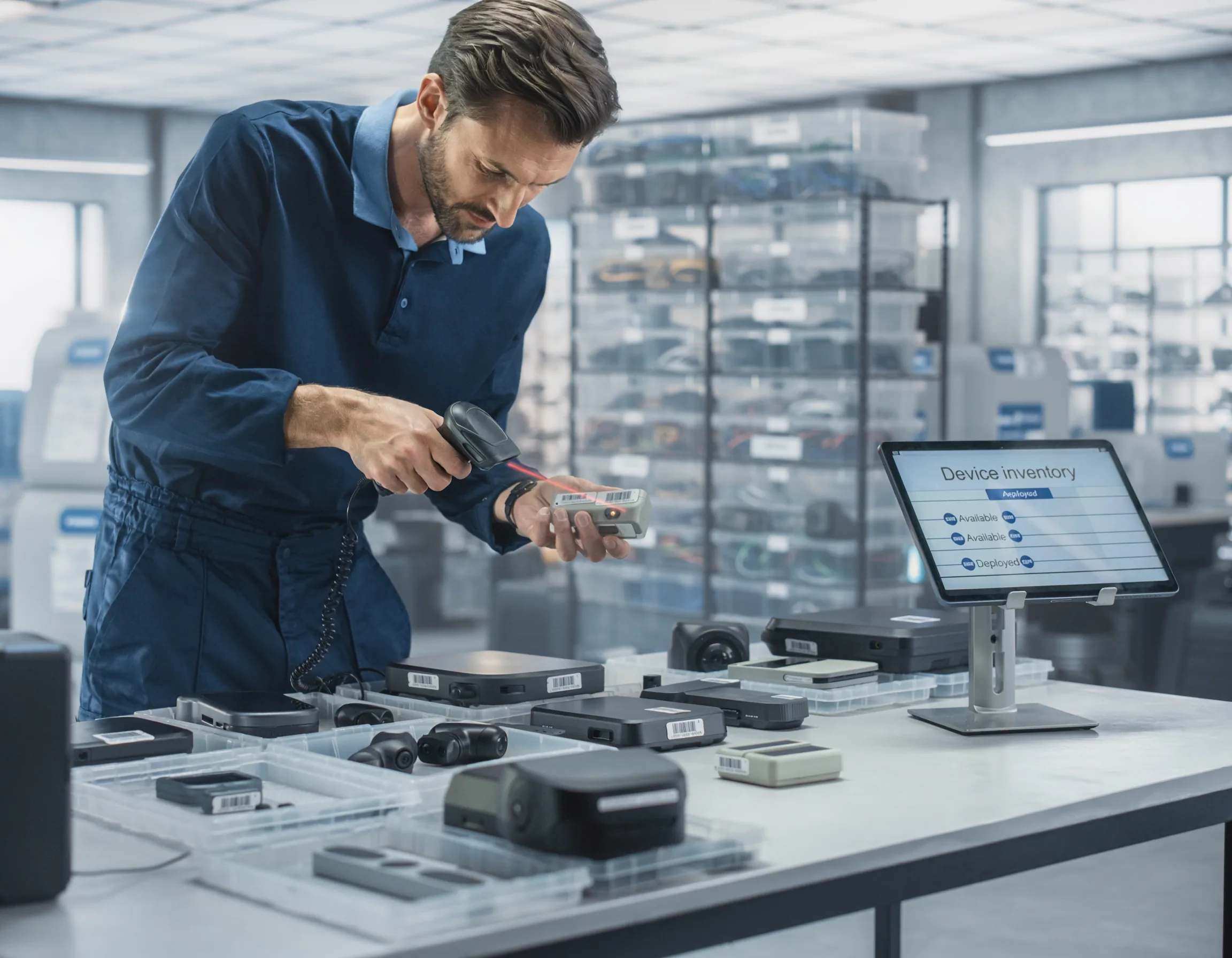 Technician scanning a fleet device into an organised inventory of trackers, cameras and sensors beside a central device register