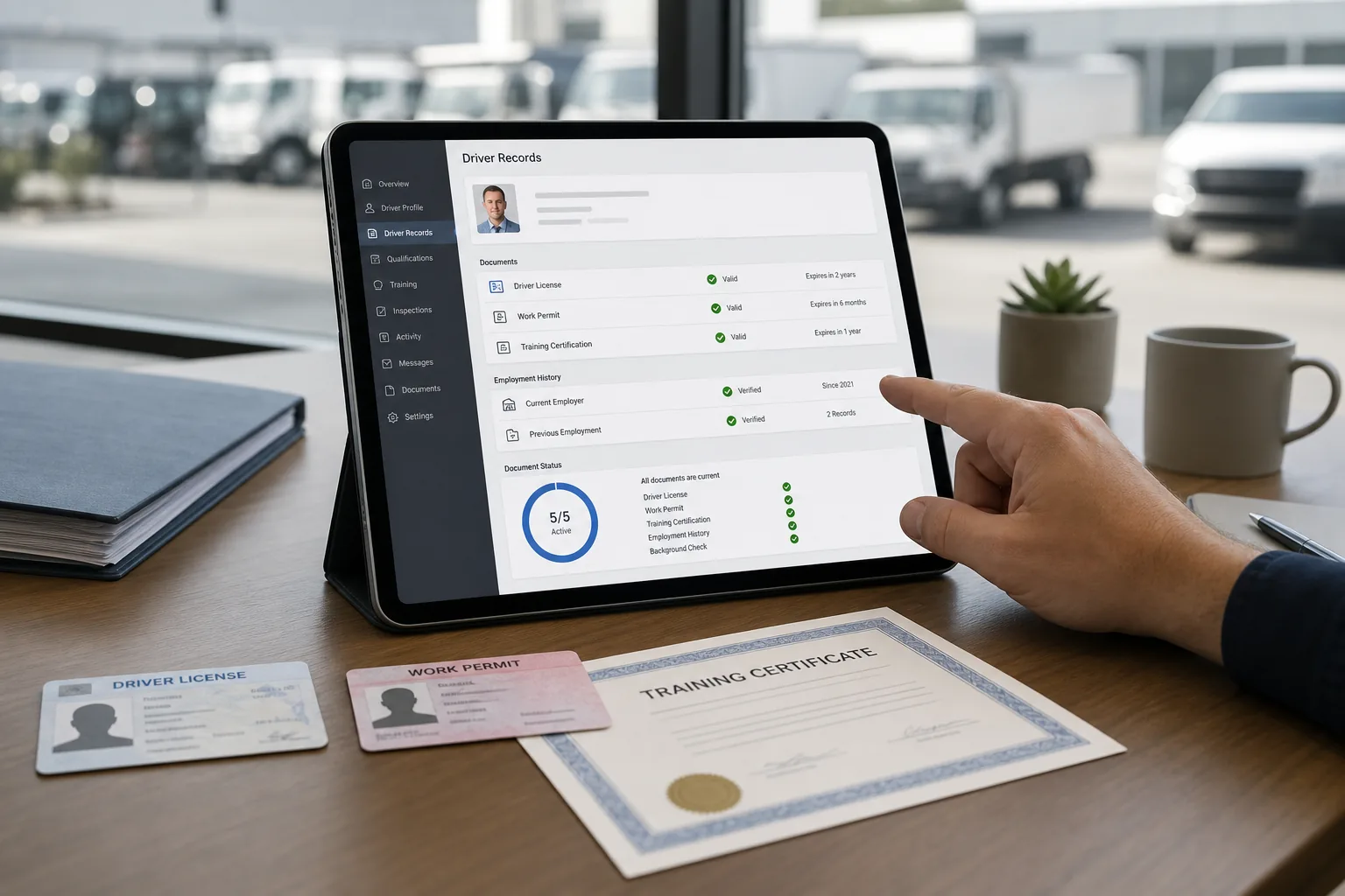 Driver licenses, permits, training certifications, and employment records organized securely