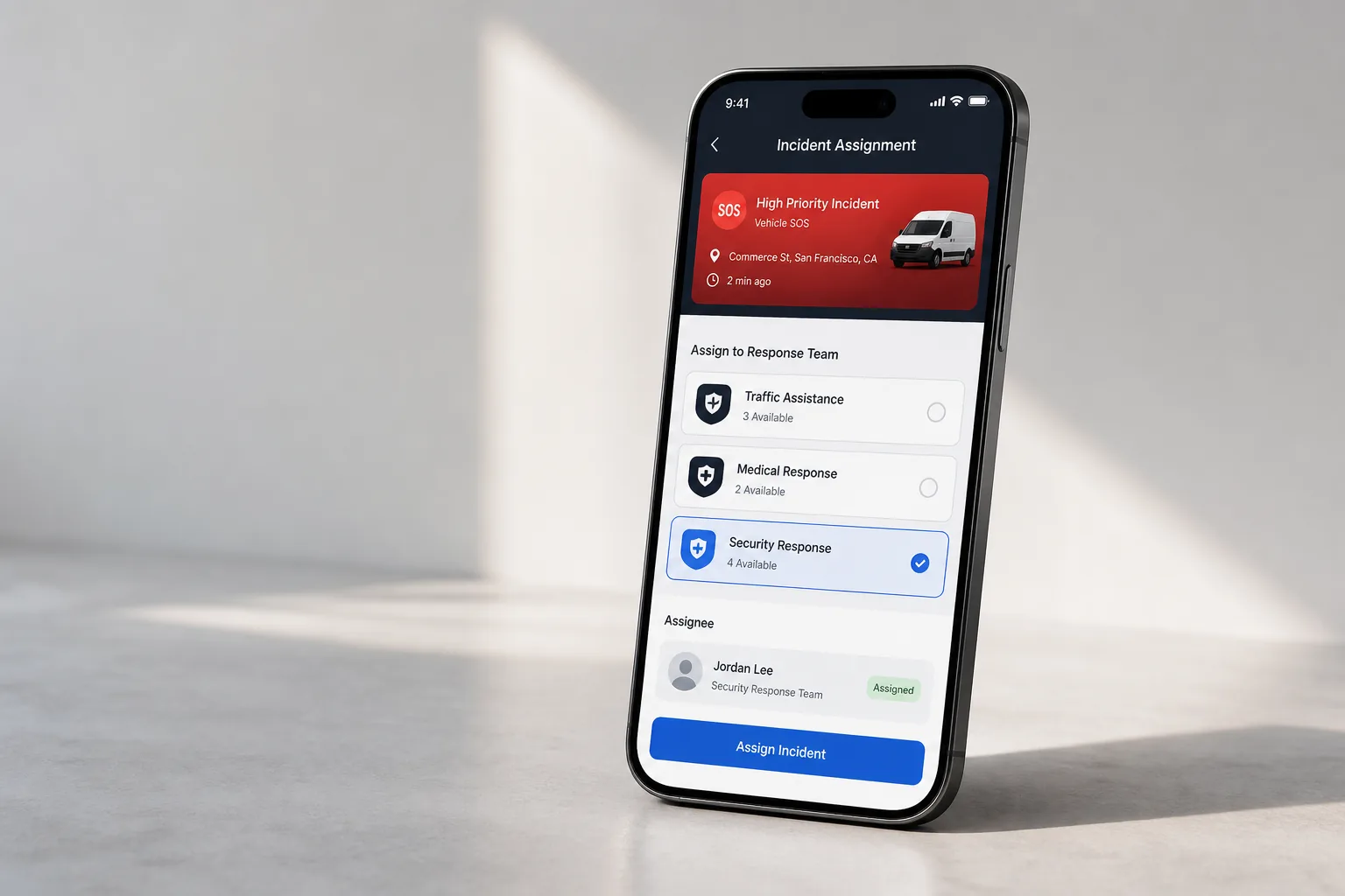 Emergency incident assigned to a security response team on a mobile device
