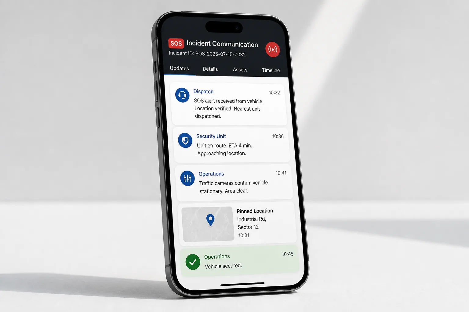 Shared emergency incident updates from dispatch, security, and operations