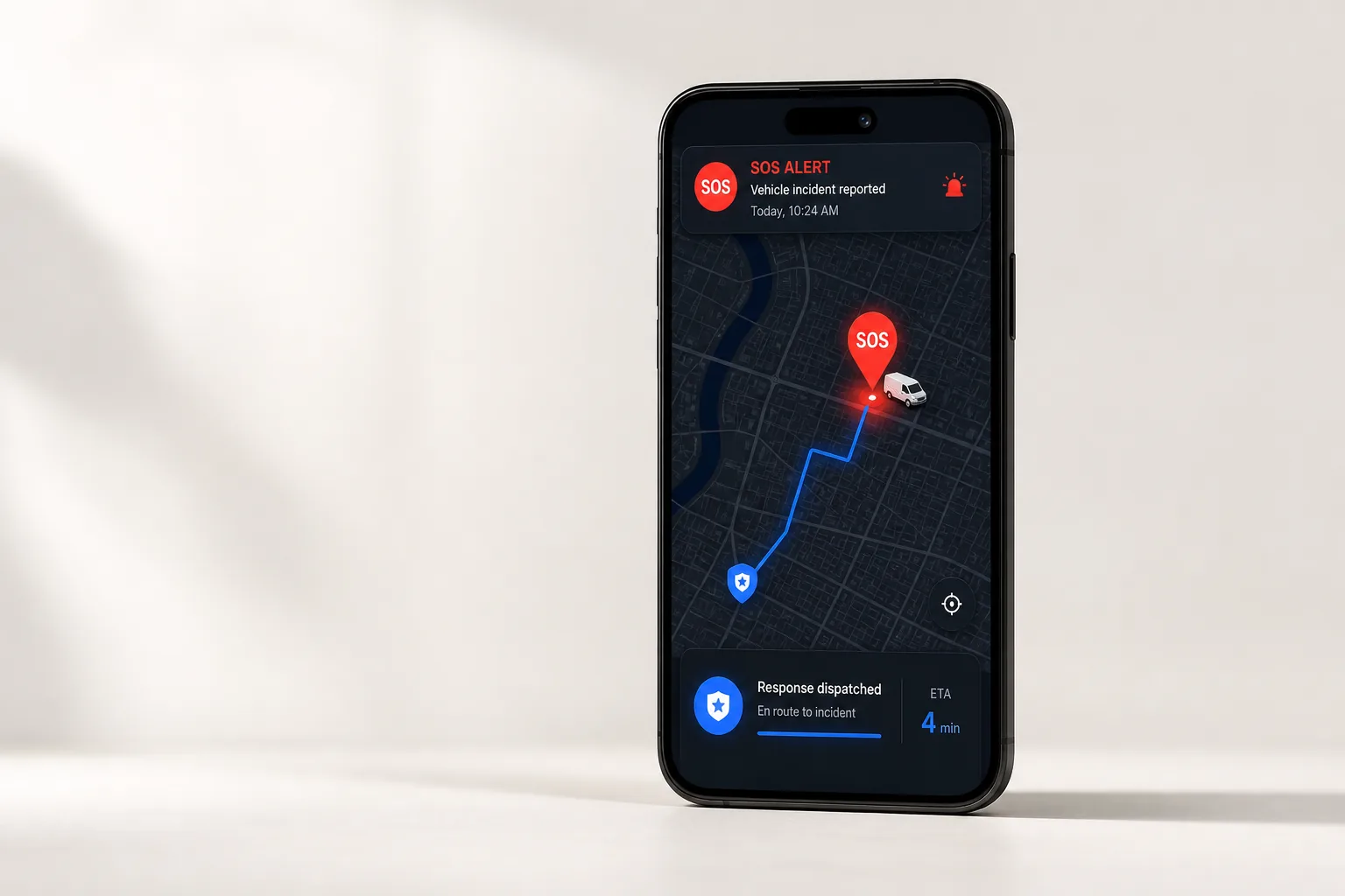 Emergency response phone showing an SOS vehicle incident and dispatched response unit