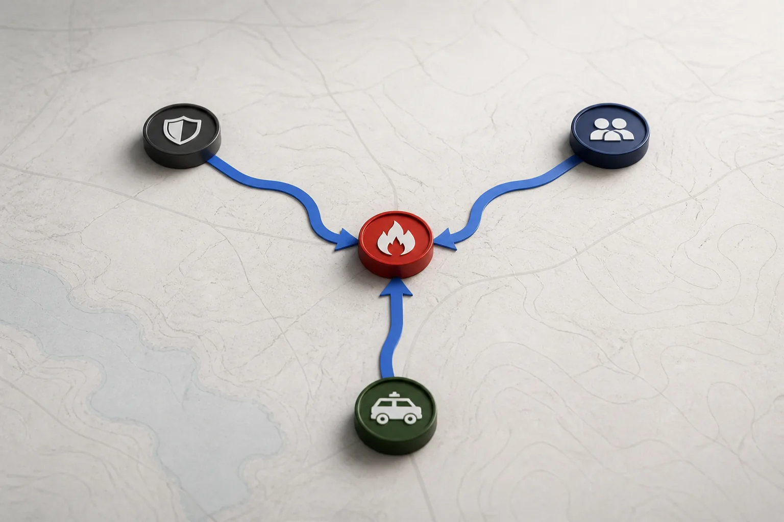 Security, operations, and field response teams coordinating around one incident