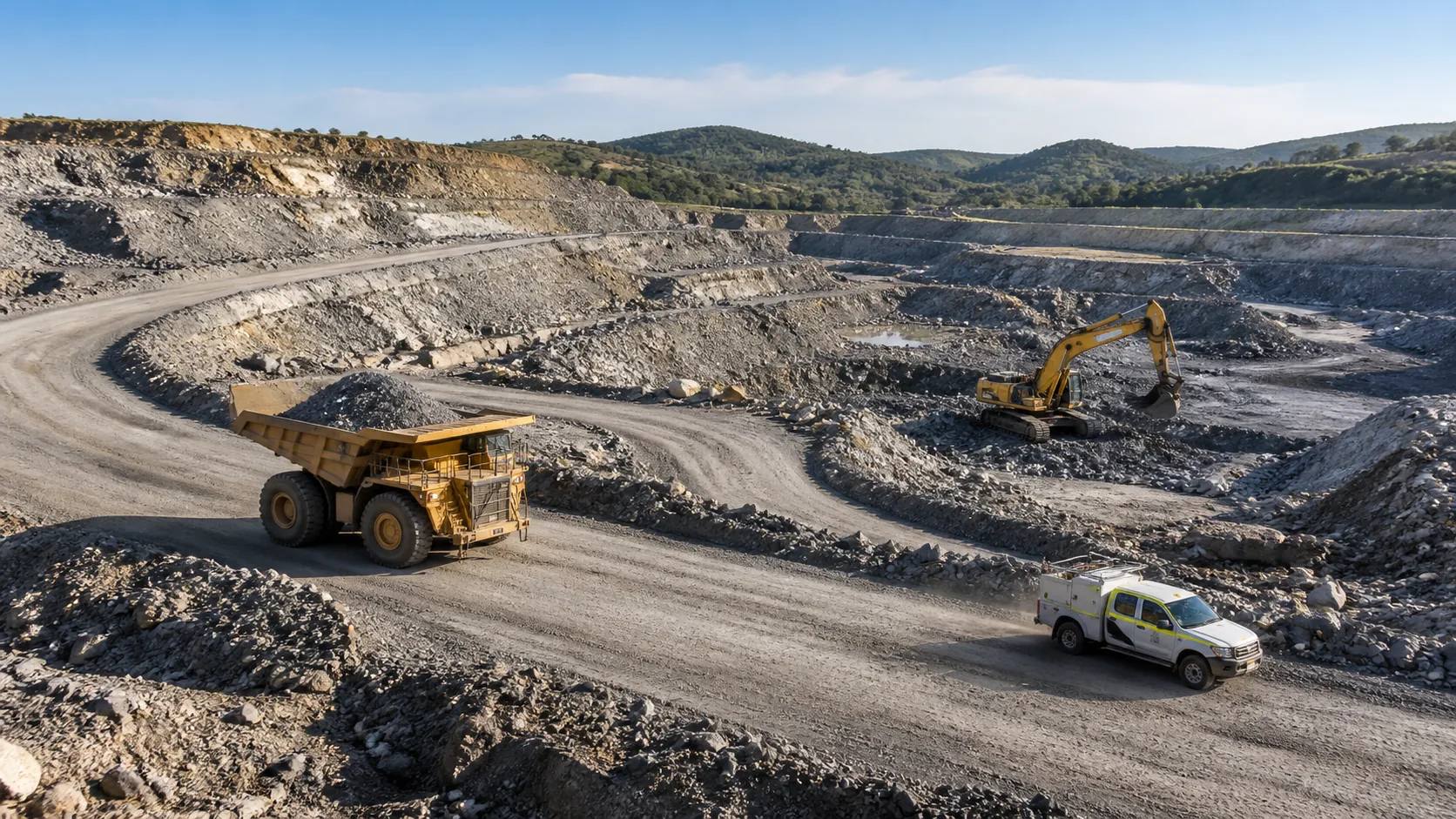 Haul truck, excavator, and utility vehicle operating across a quarry