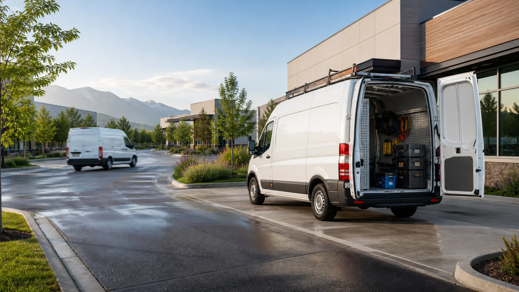 Field-service vans arriving at and travelling toward a customer site