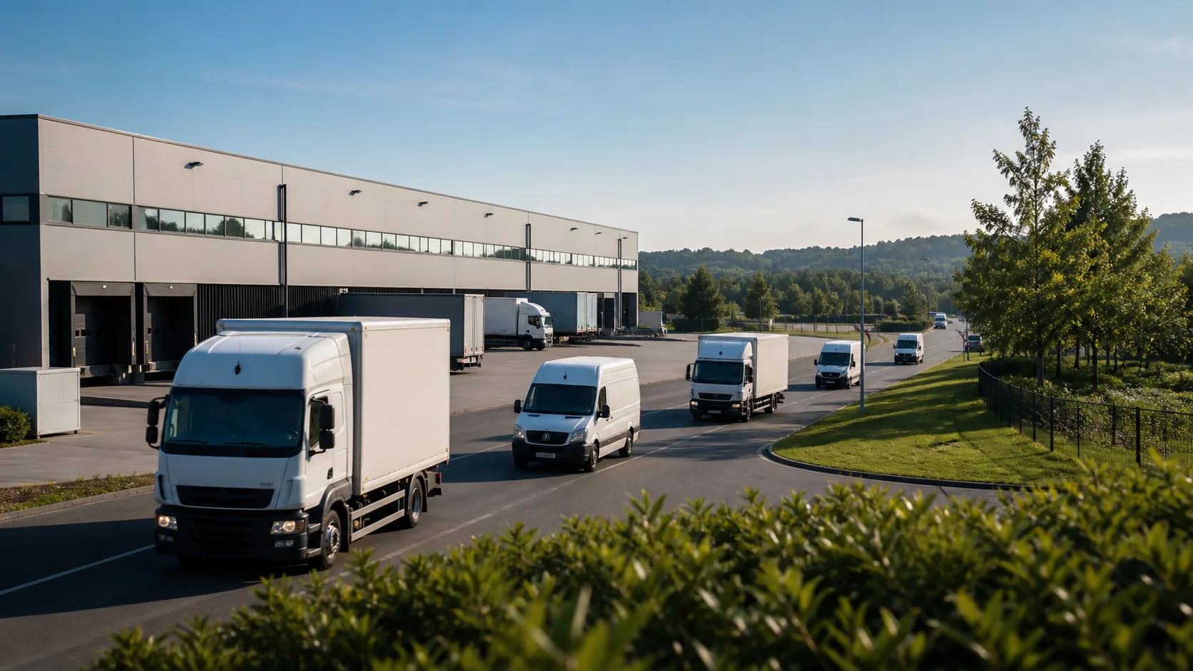 Transport fleet departing a modern logistics depot