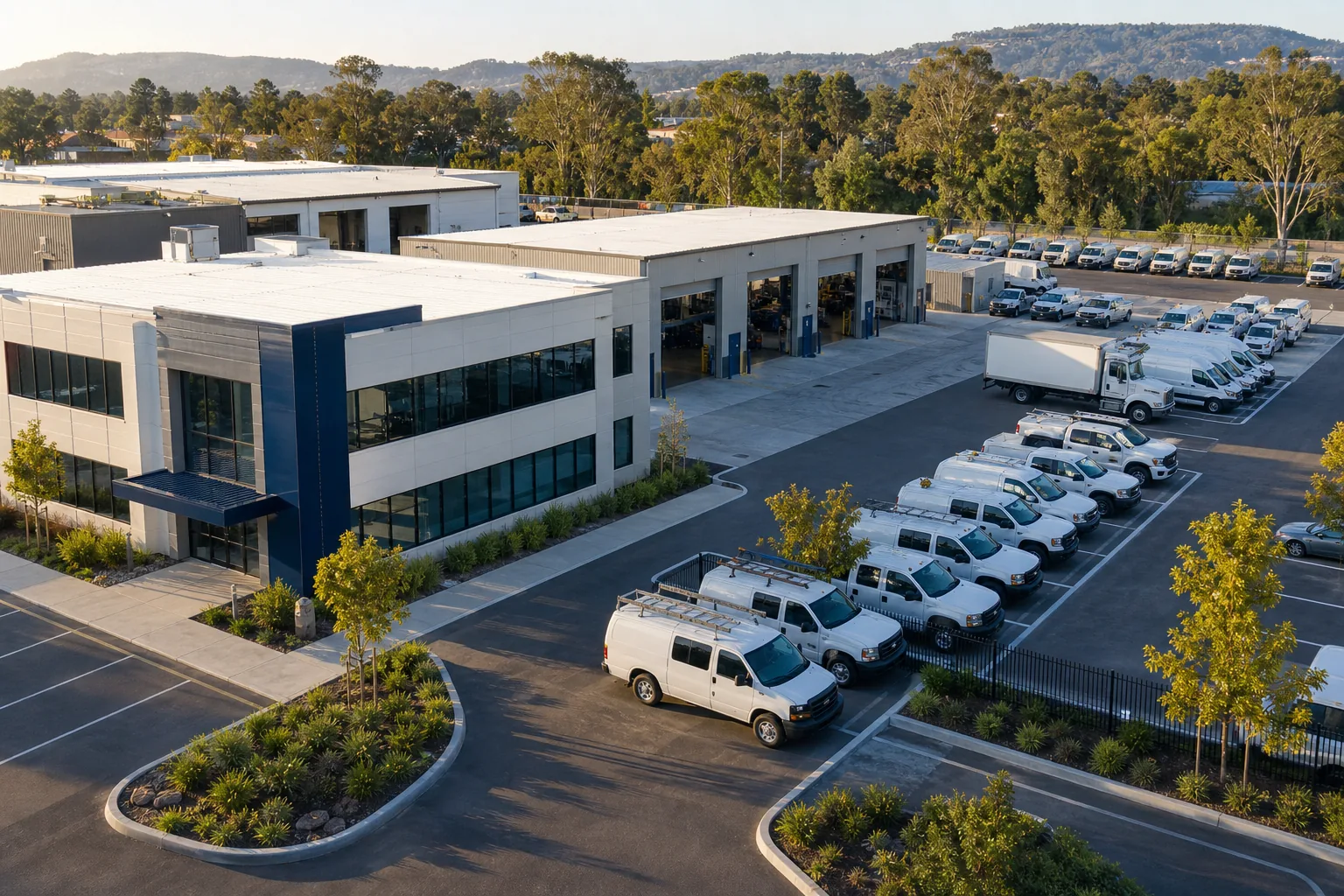 Organized company campus connecting a head office, service depot, and grouped fleet vehicles