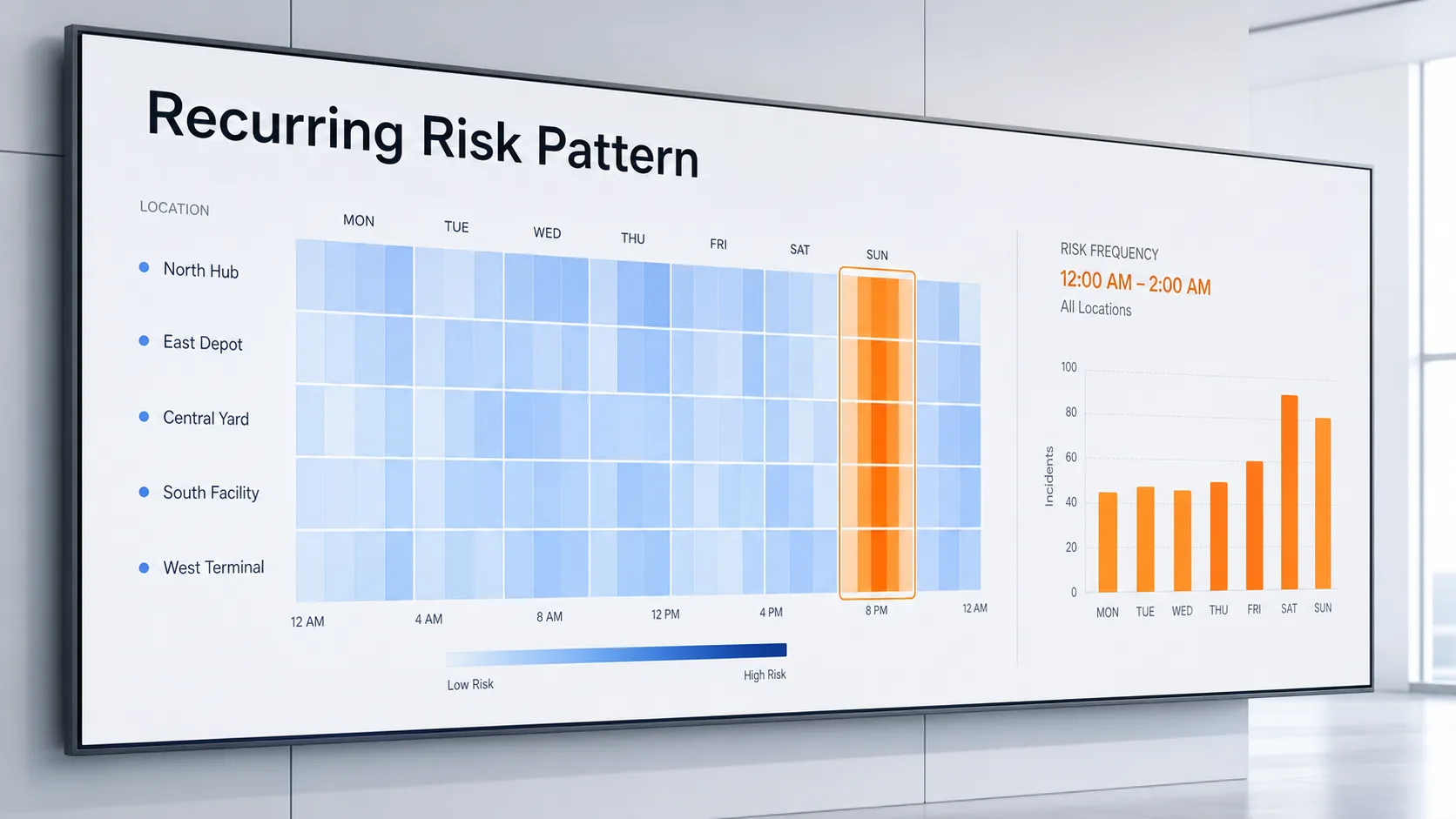 Security analytics revealing a recurring late-night risk pattern across fleet locations