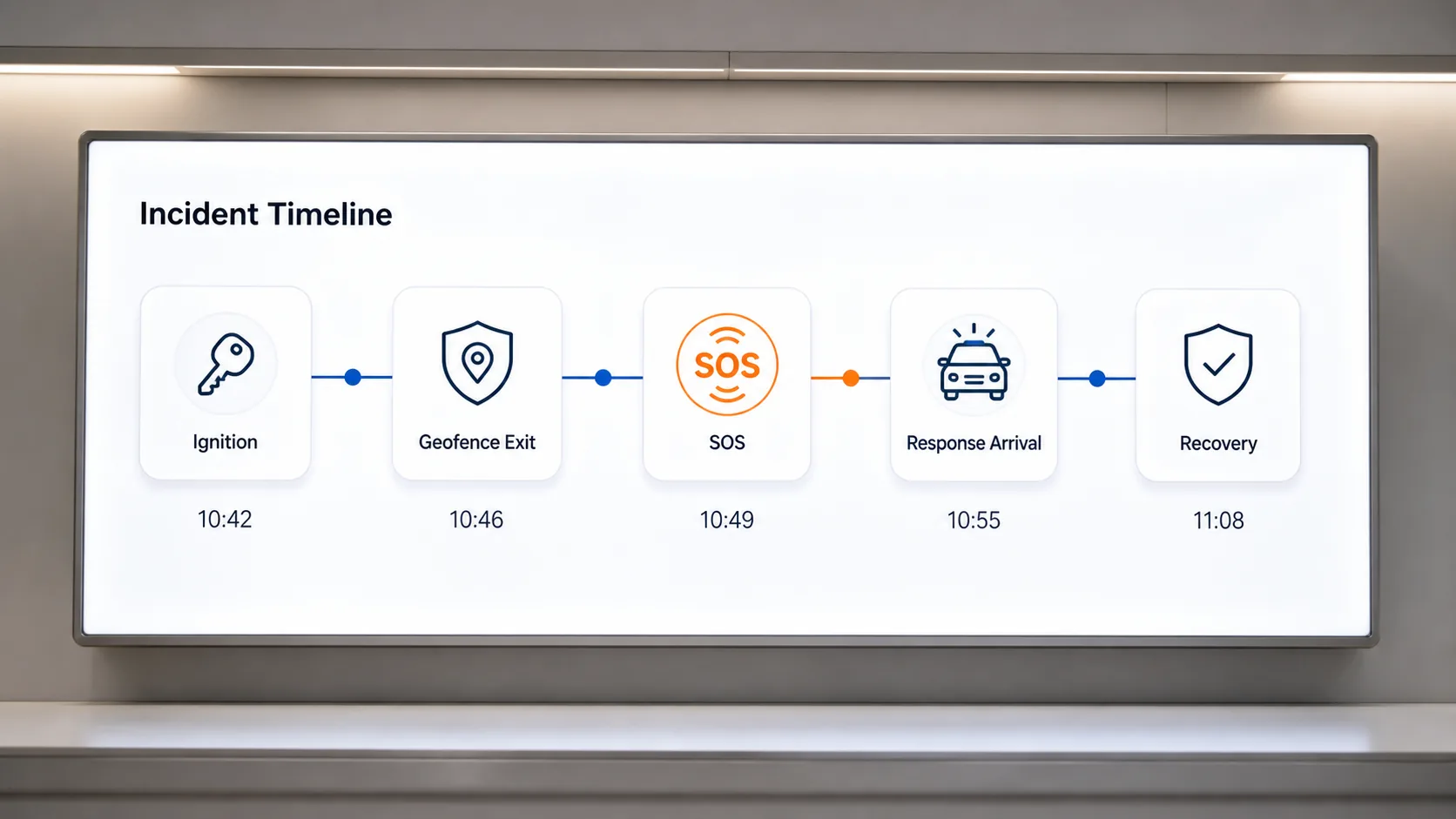 Chronological incident timeline from ignition and geofence exit through SOS response and recovery