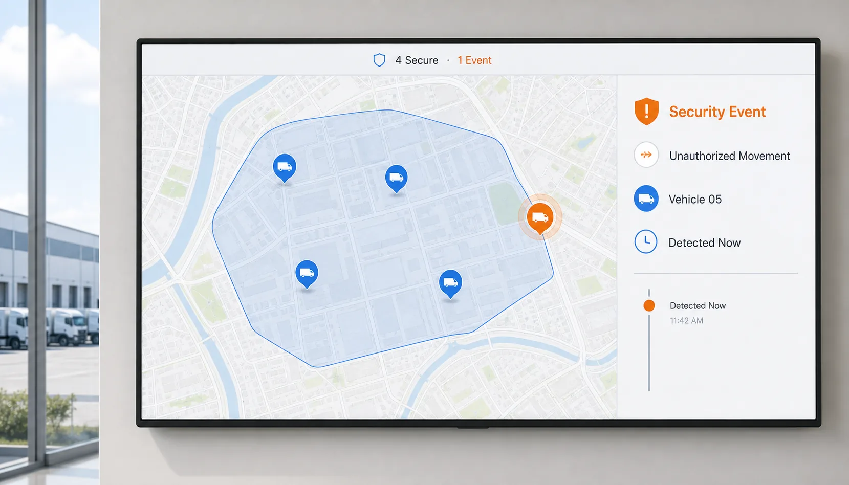 Fleet security monitoring screen detecting unauthorized vehicle movement at a geofence