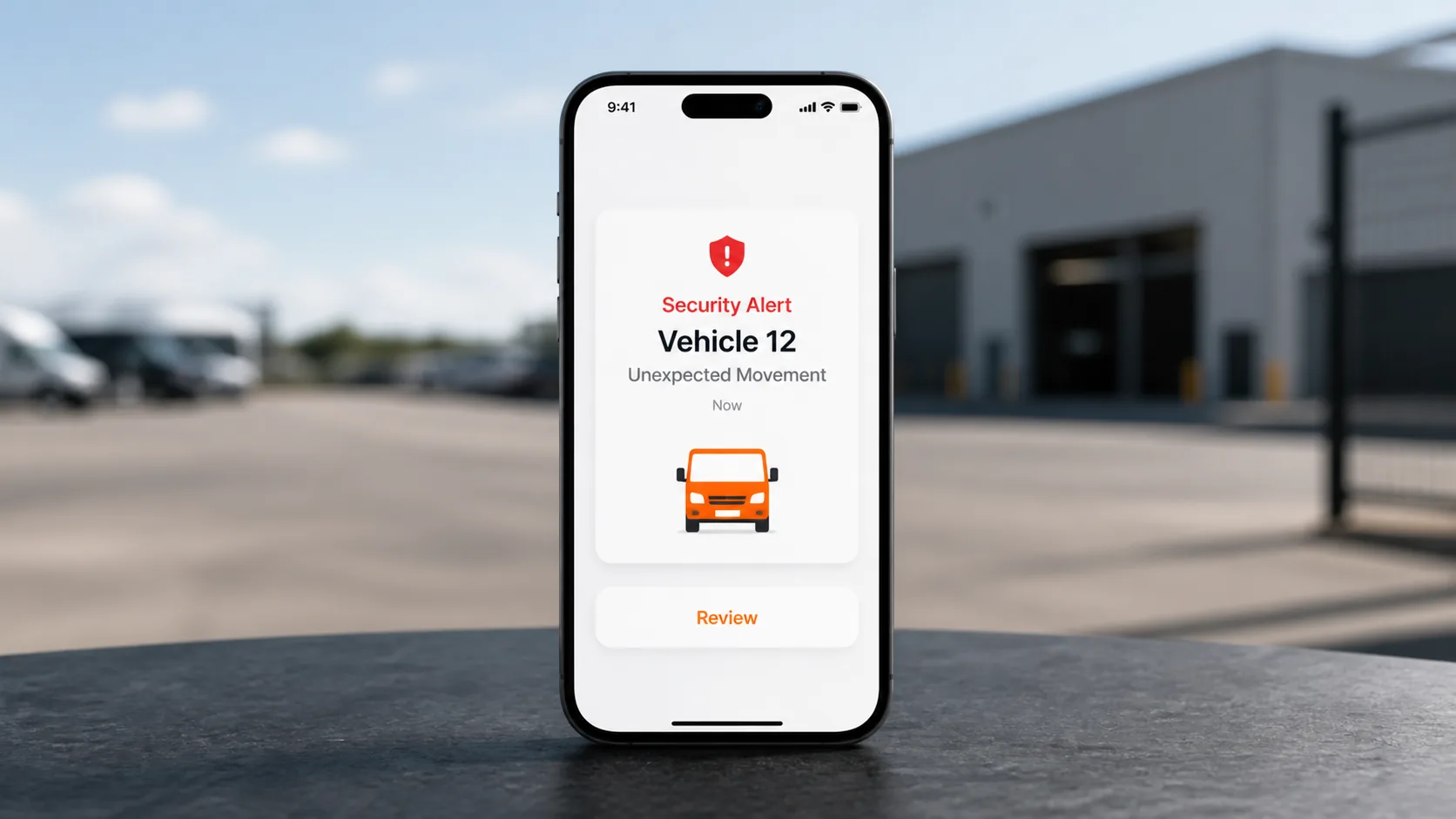 Immediate unexpected-movement security alert displayed on a mobile phone