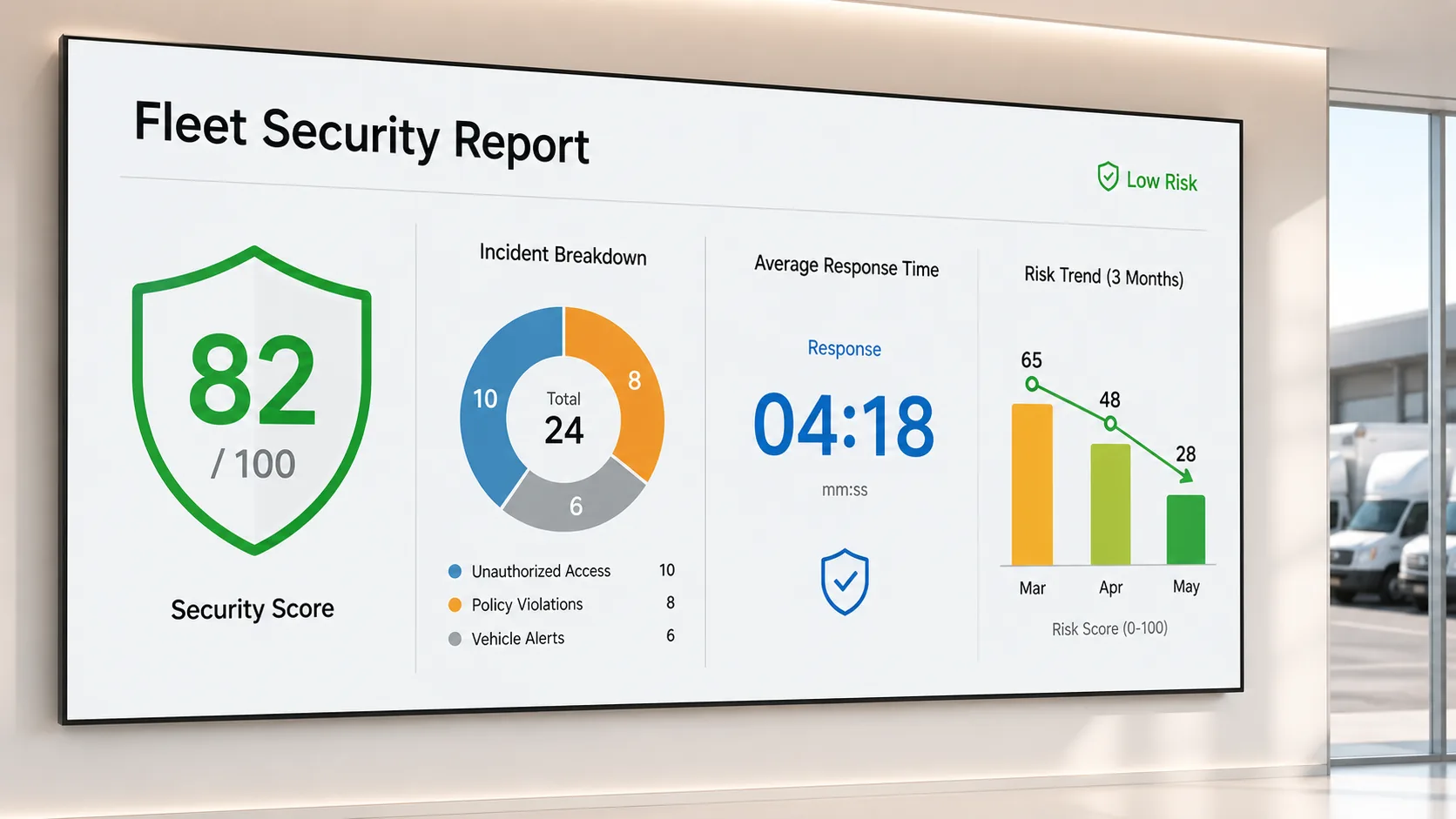 Digital fleet security report showing security score, incidents, response time, and declining risk