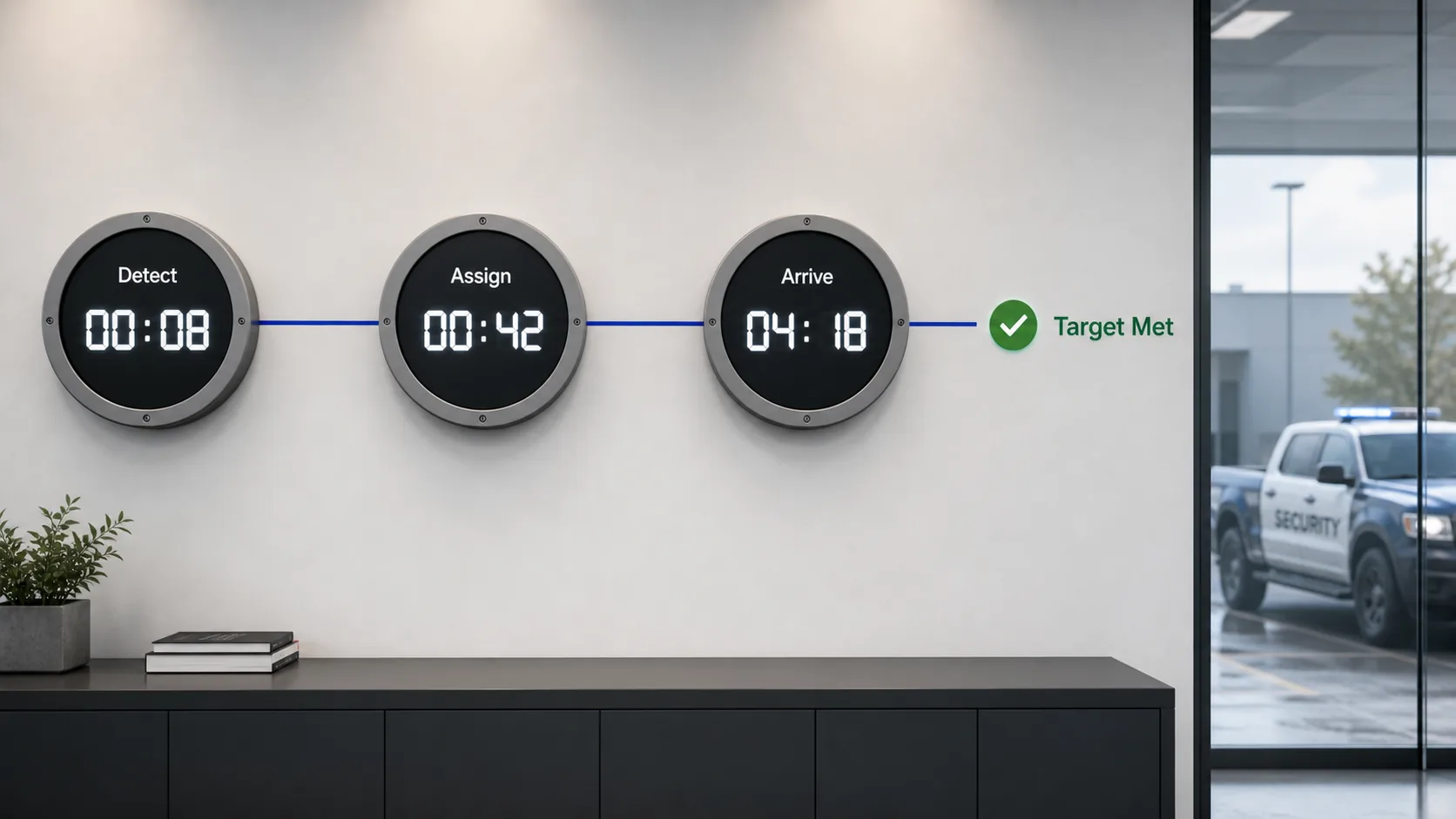 Response performance timers measuring incident detection, assignment, and arrival