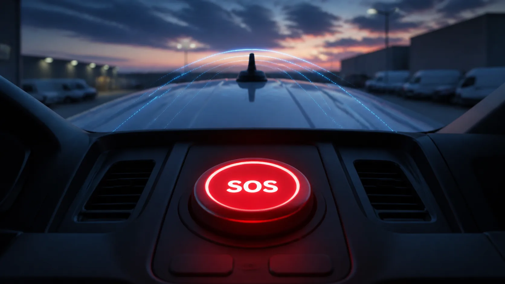 Illuminated SOS control transmitting an emergency alert from a fleet vehicle