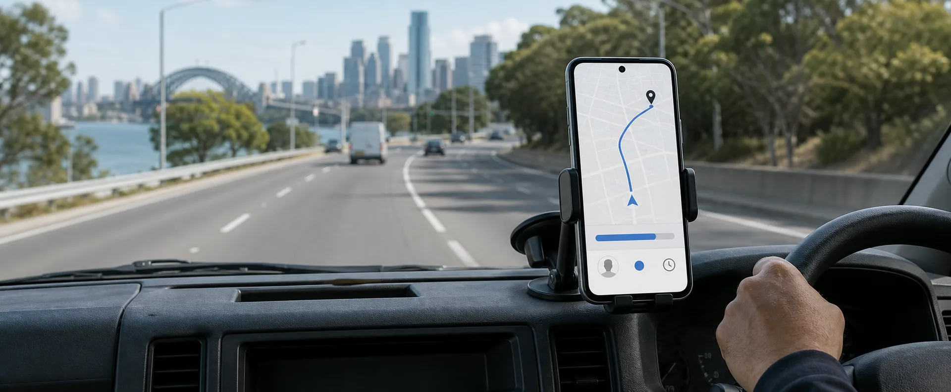 Active driver journey displayed on a mounted phone with route and trip progress