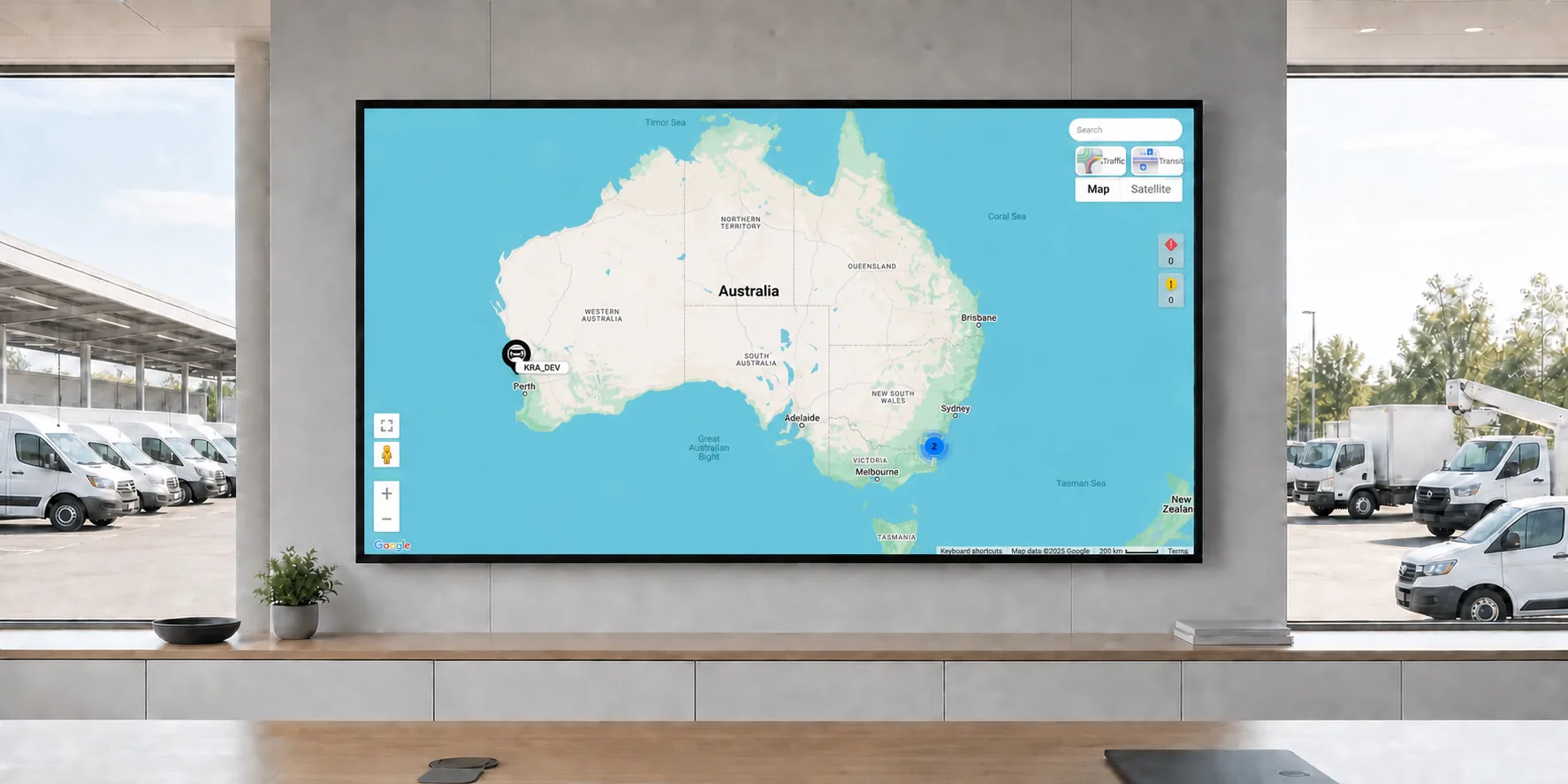 Live fleet map displayed inside a modern operations center overlooking tracked commercial vehicles