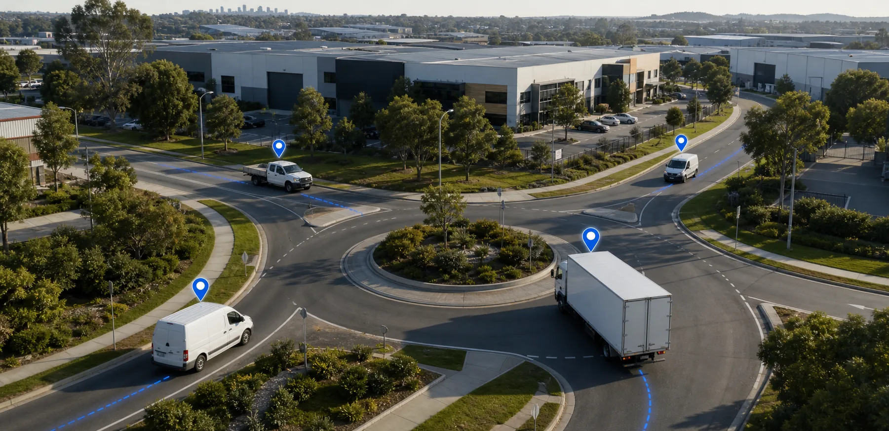 Commercial fleet vehicles moving through connected roads with live location markers