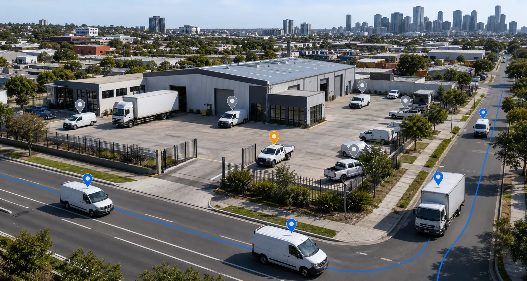 Mixed commercial fleet shown across a depot and surrounding roads with live status markers