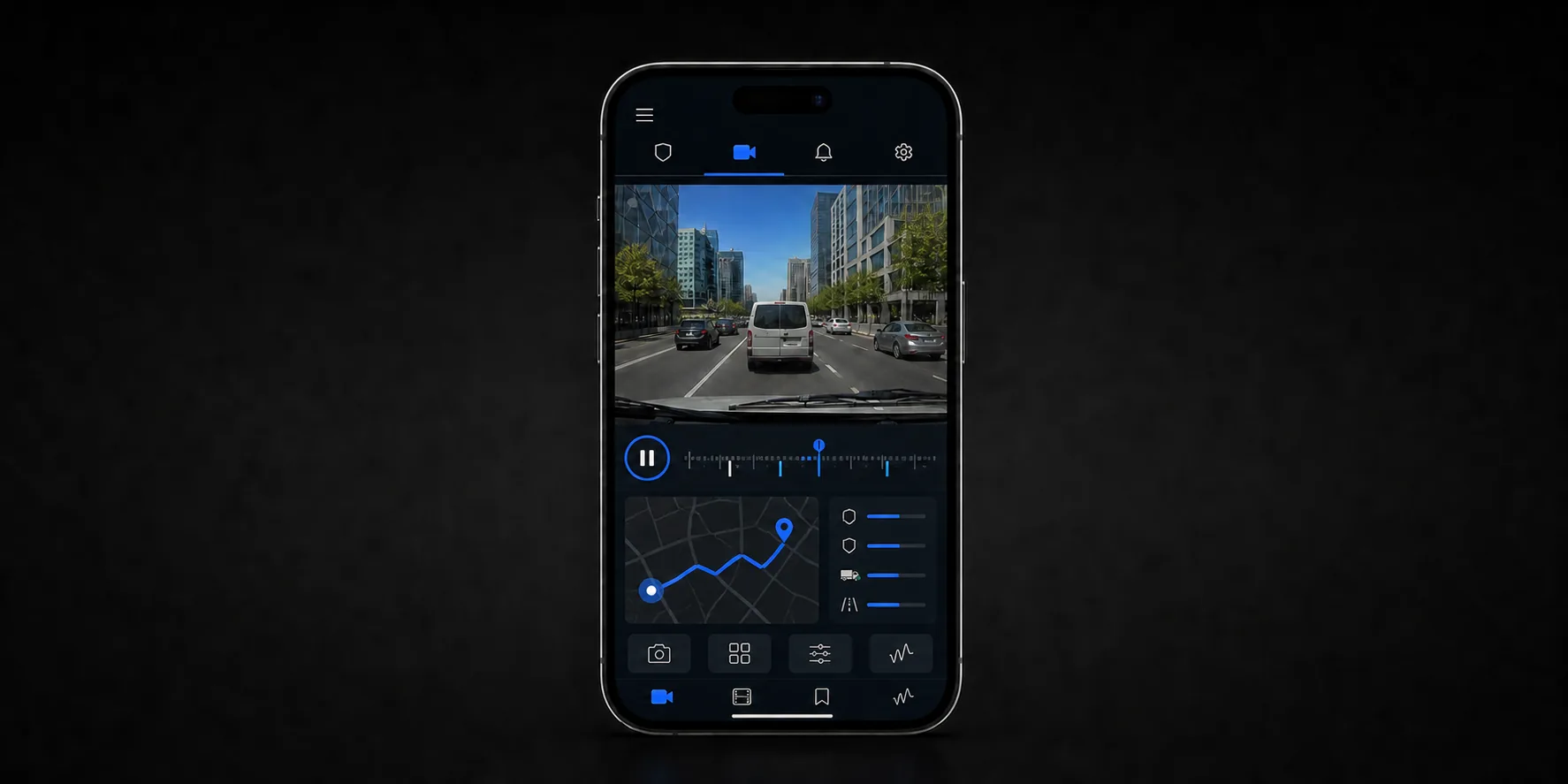 Synchronized camera footage, event timeline, and route playback on a phone