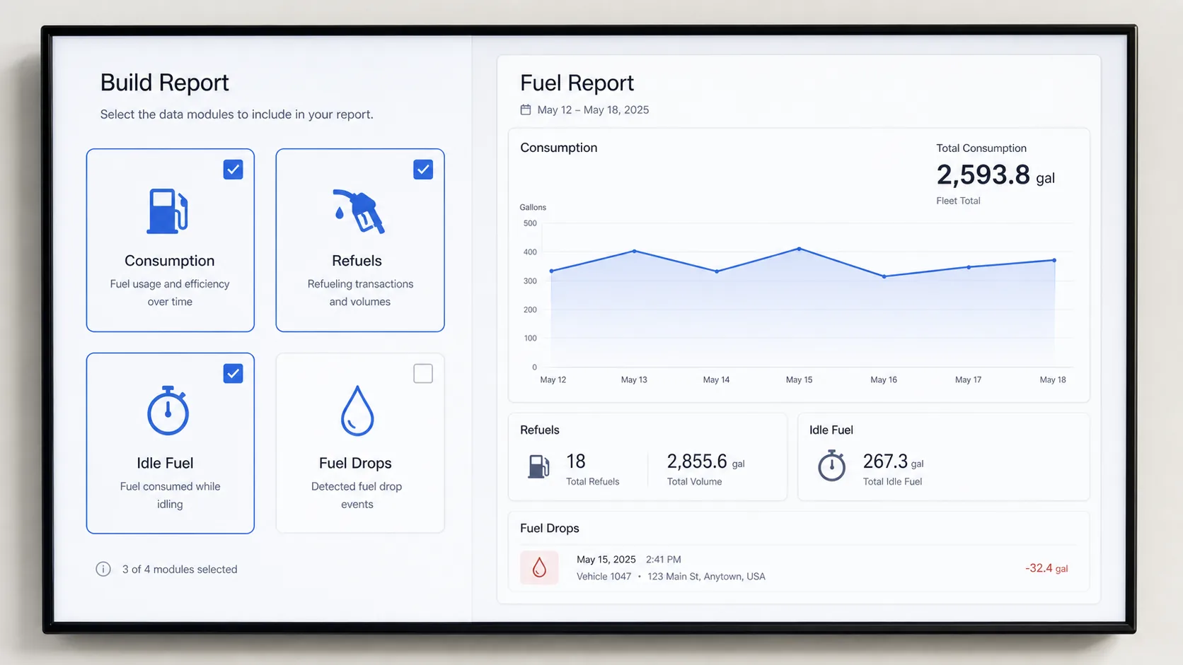 Fuel report builder combining selected consumption, refuel, idle-fuel, and fuel-drop metrics